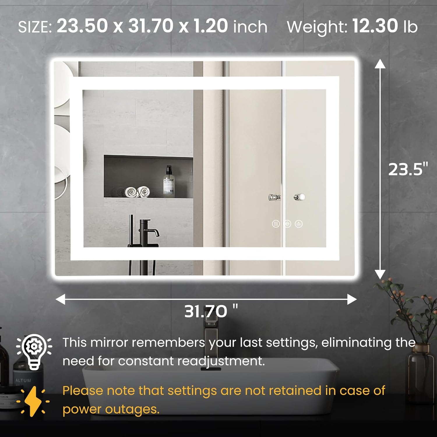 Hexago 24"X32" LED Bathroom Mirror with Lights,Backlit + Front Lit,Anti-Fog,3 Colors,Dimmable,Lighted Bathroom Vanity Mirror for Wall,Memory Function,Shatter-Proof Tempered Glass