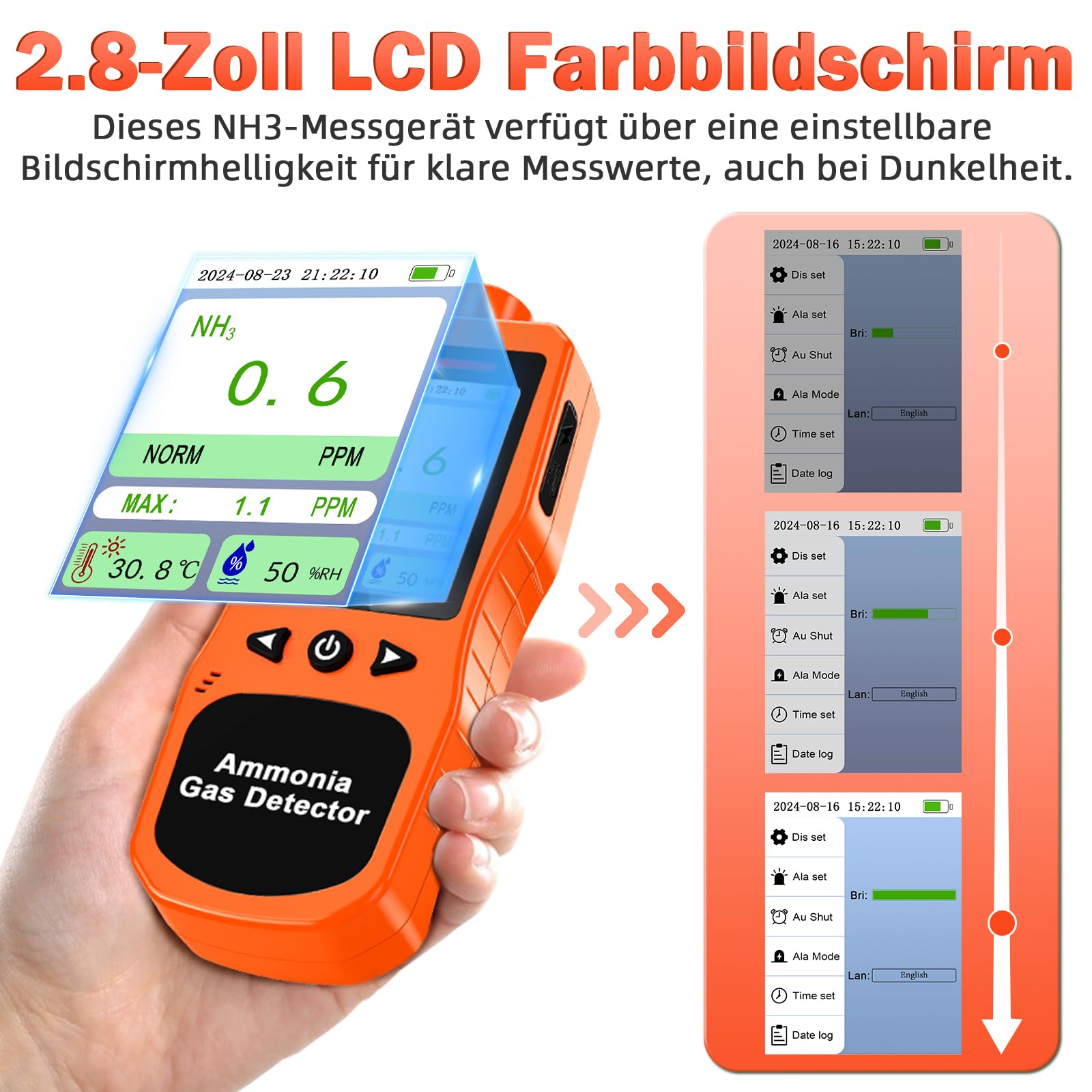 Tragbarer Ammoniak Gasmelder, 0-200 PPM Wiederaufladbarer Ammoniak Detektor, Digitales NH3 Luftqualitätsmessgerät mit Temperatur Feuchtigkeitstester für Stall, Geflügel, Schweine, Vieh, Orange
