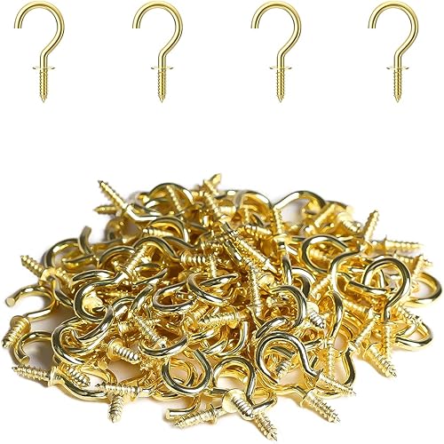 RELBRO 100 ganchos de tornillo pequeños, ganchos de oro de 12 pulgada para joyería, tornillos de metal, ganchos de pared de techo de madera para
