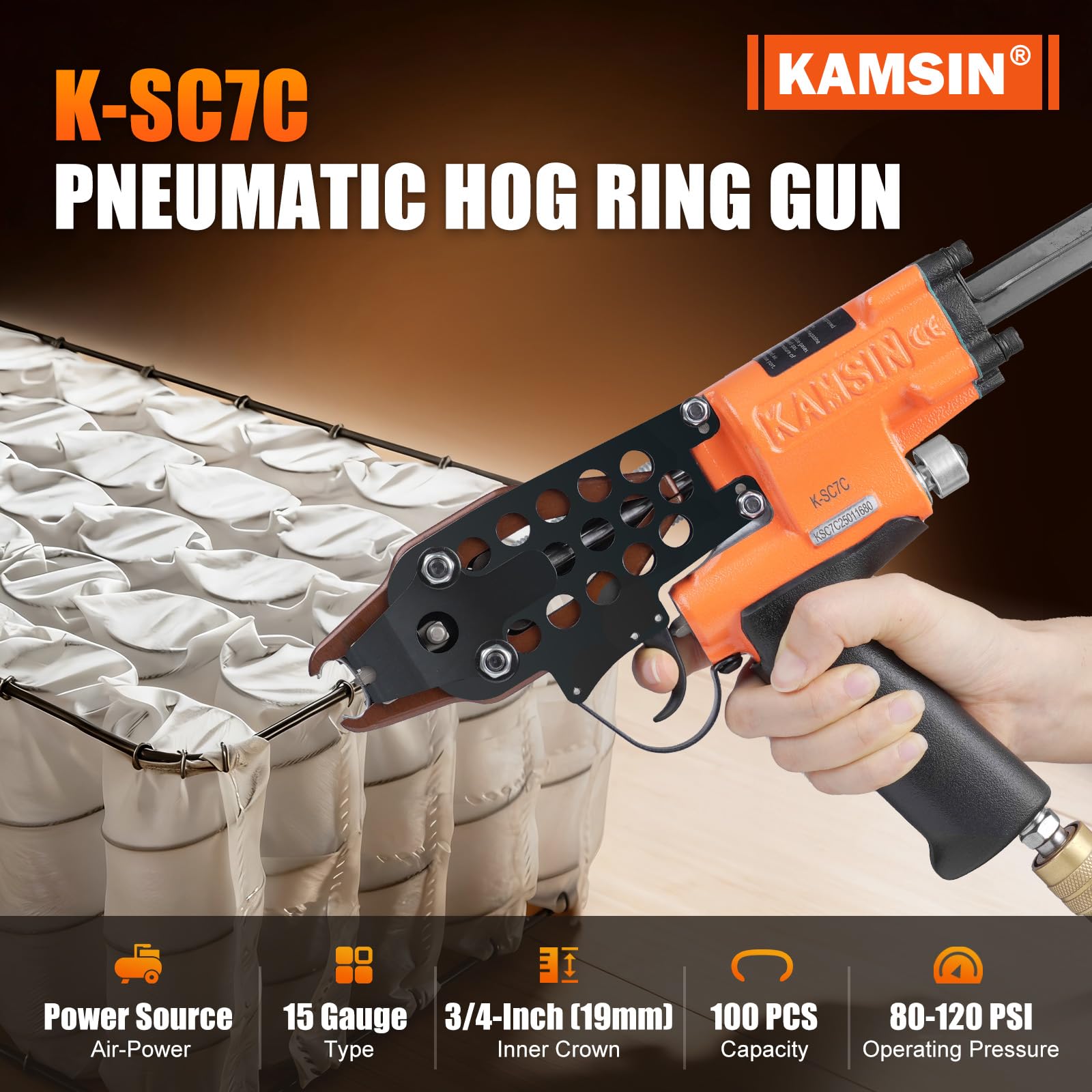 K-SC7C 15 Gauge Pistola neumática de anillo Hog 3/4-pulgada Corona 4.8mm Diámetro de cierre Grapadora de anillo Hog Poder de aire Grapadora de anillo Hog Pistola grapadora de anillo C | Cierre 4,8mm, corona 19mm, cargador acero 125, 70-100 PSI, jaulas, va