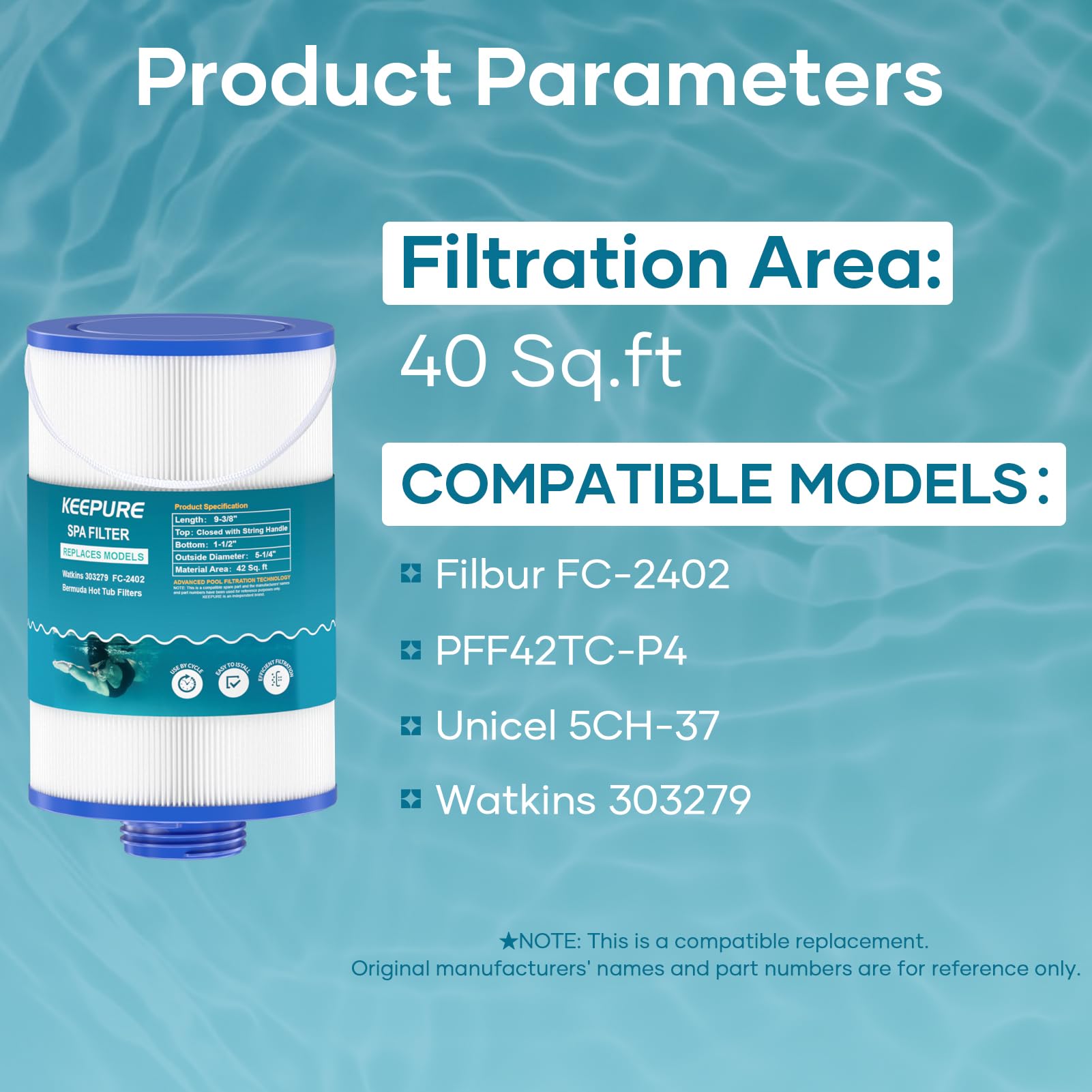 KEEPURE 303279 Hot Tub Filter Compatible with 5CH-37, FC-2402, PFF42TC-P4, 78460, SD-01322, AquaTerra, Free Flow Spa Filter, 1 1/2