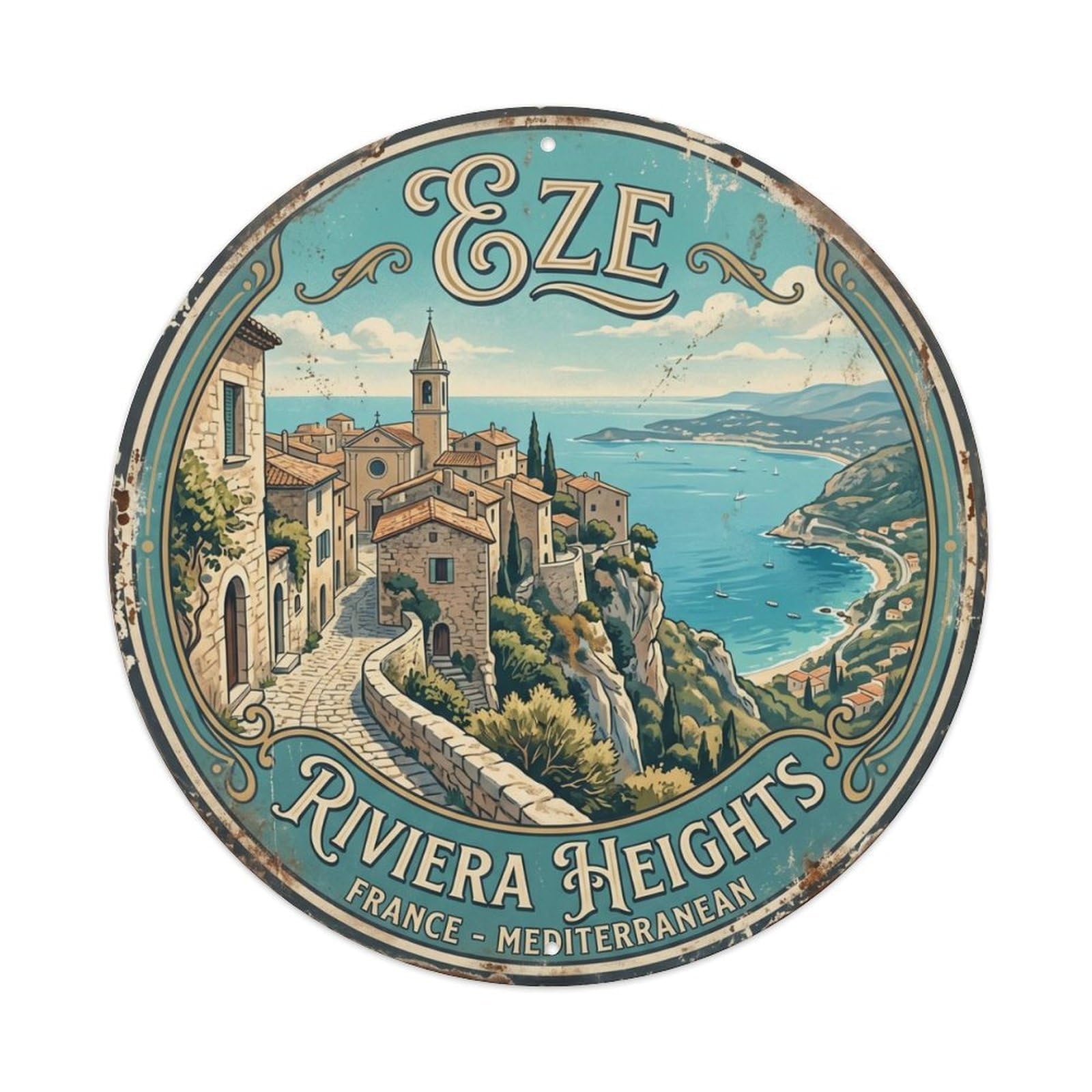 Vintage Travel Eze Hilltop Riviera Metal Tin Sign Plaque Wall Decor for Cafe, Club Bar, Office, Home Garden Round Metal Poster 8x8Inch