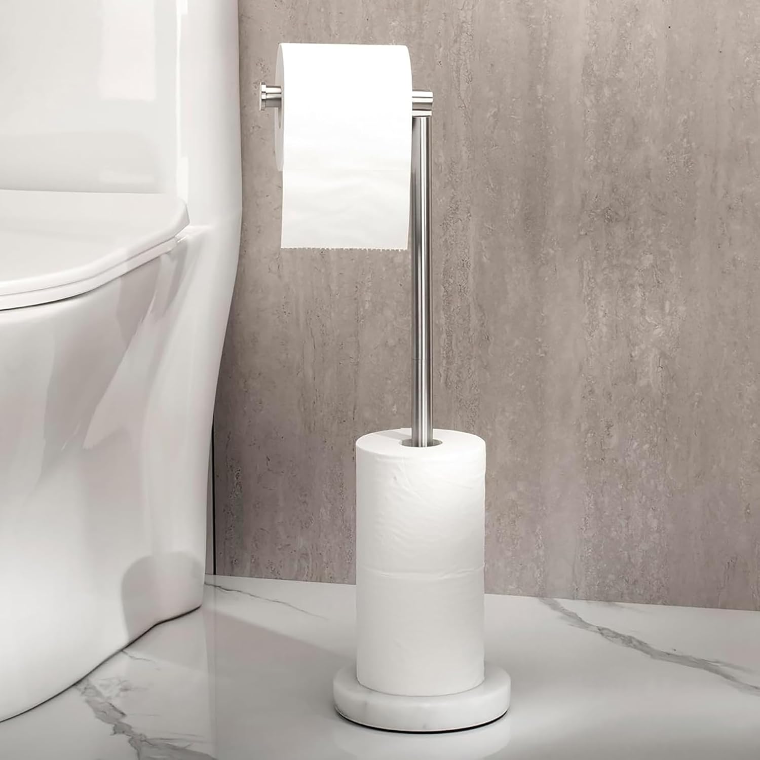 Toilet Paper Holder Stand, Heavy Weighted Modern Floor Freestanding Toilet Paper Holder for Bathroom, Tissue Roll Storage, tp Holders (Brushed Nickel Stainless Steel Bar, White Natural Marble Base)