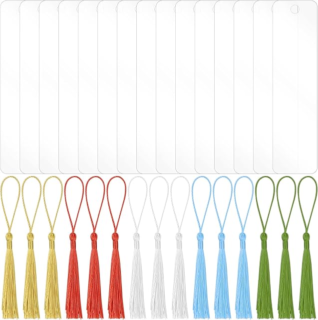 15 Pcs Acrylic Blank Bookmarks, DIY Blank Bookmarks with 15 Pcs Multicolor Tassel, Transparent Blank Acrylic Bookmark Set, Craft Clear Bookmarks with Hole, for Adukts DIY Projects and Presents Tags