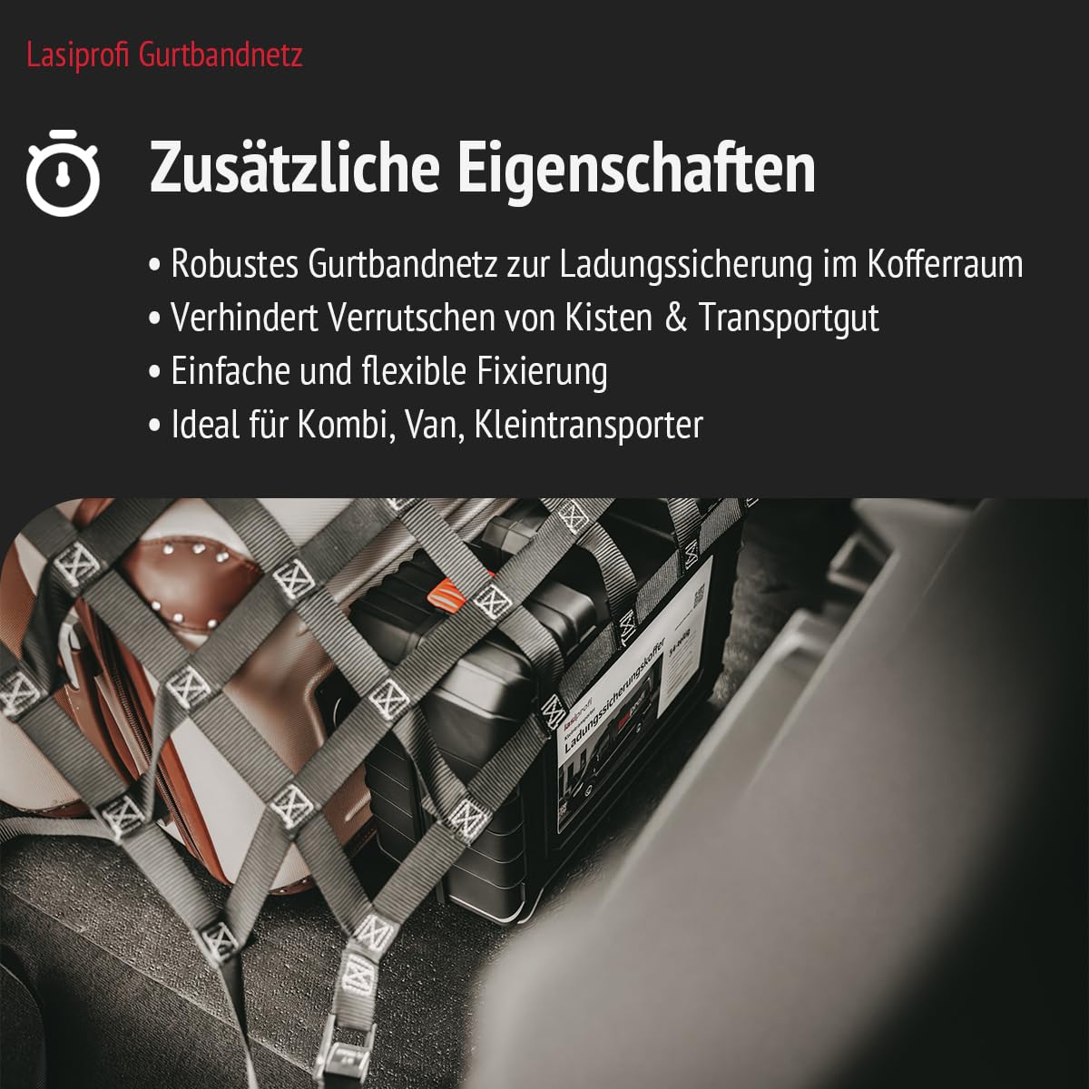 PKW Ladungssicherungsnetz aus Gurtband | Praktisches Gepäcknetz für das Auto | Ideal für sicheren Transport | Größe: 880x880mm | Farbe: schwarz