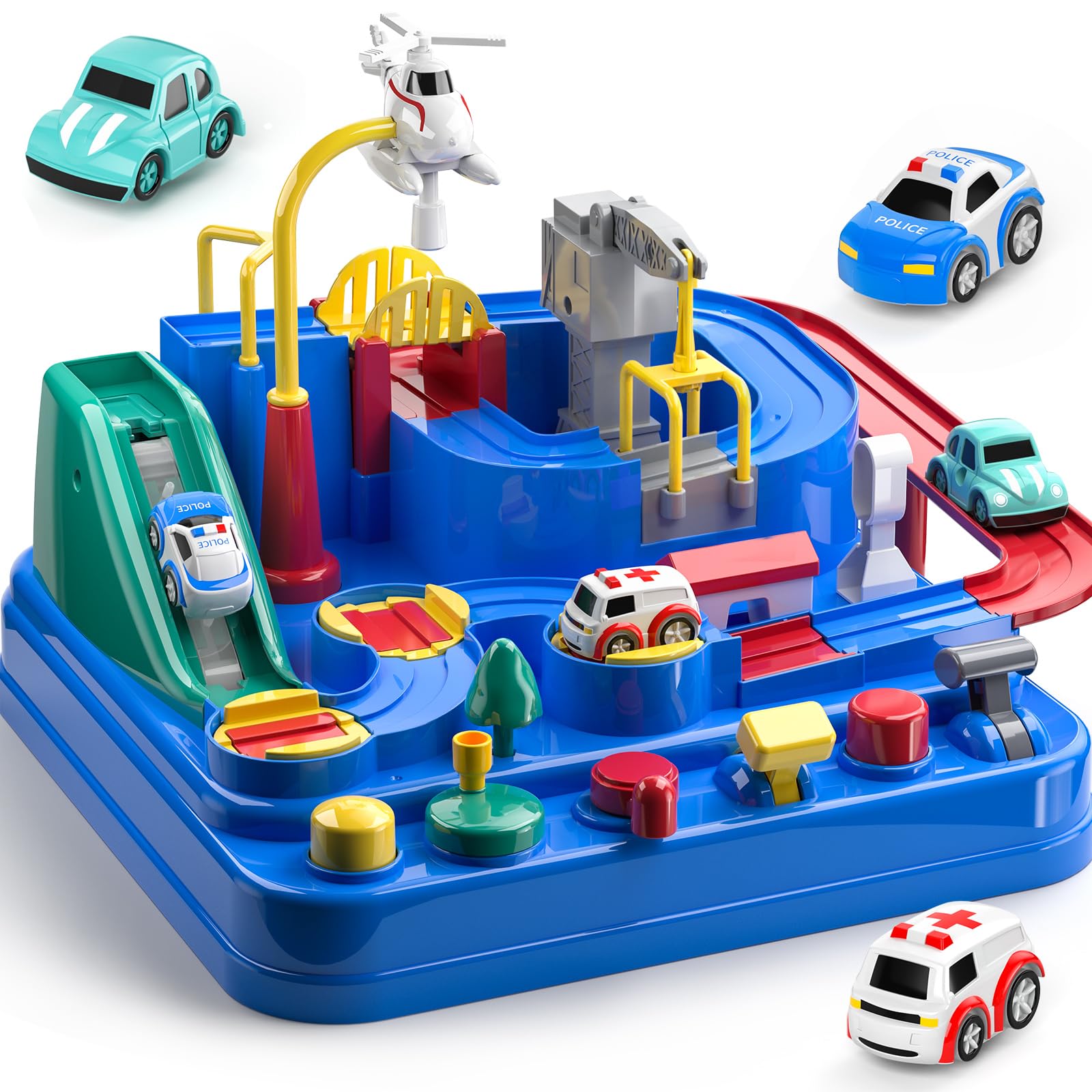 TEMI Kids Race Track Toys for Boy Car Adventure Toy for 3 4 5 6 7 Years Old Boys Girls, Puzzle Rail Cars, City Rescue Playsets Magnet Toys w/ 3 Mini Cars, Preschool Educational Car Games Gift Toys