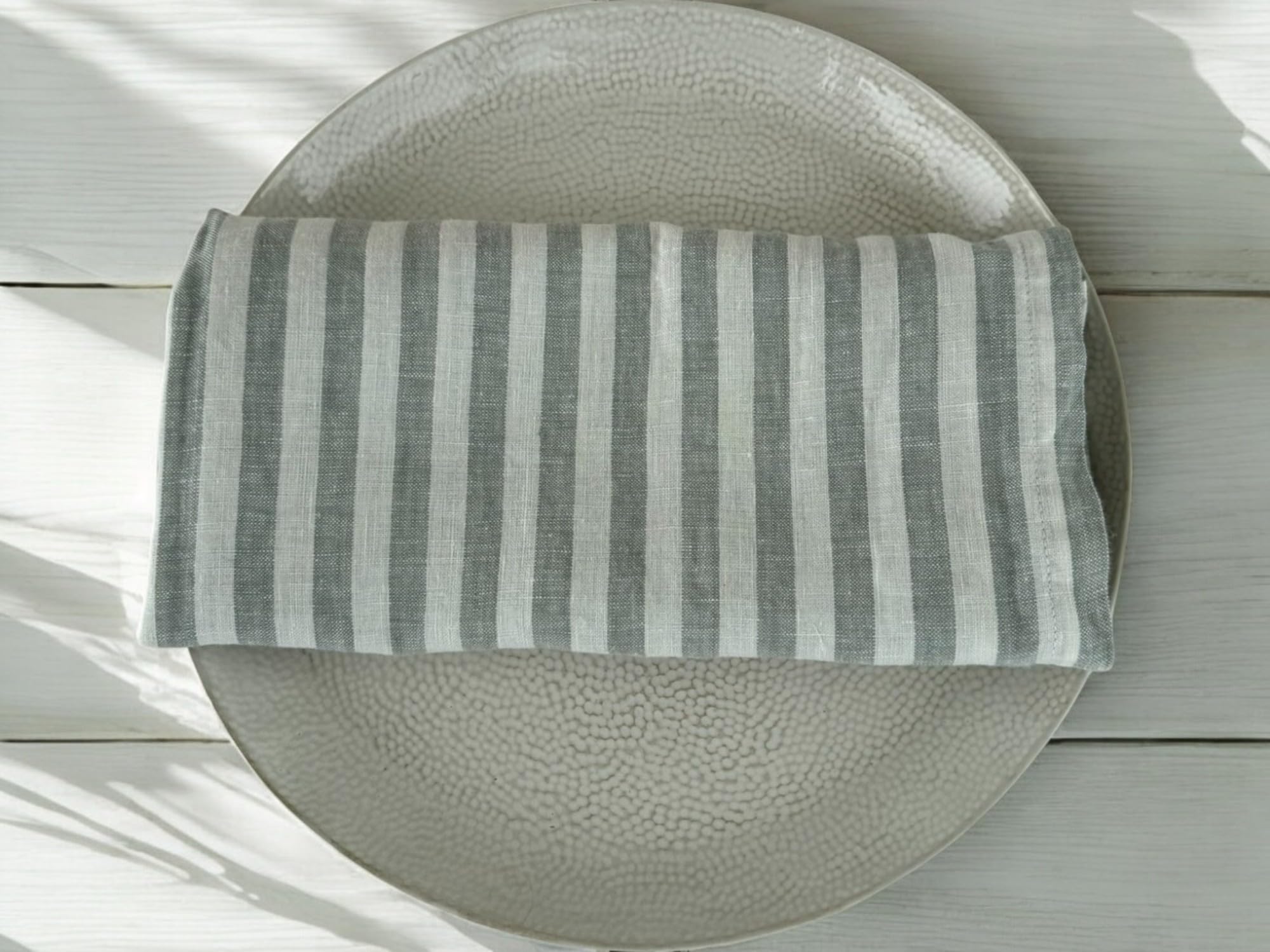 Linen Napkins - 100% Pure Stonewashed Linen Cloth Napkins - Mitered Corners - Size 50cm x 50cm - Set of 4 (Sage Stripe) - Image 2