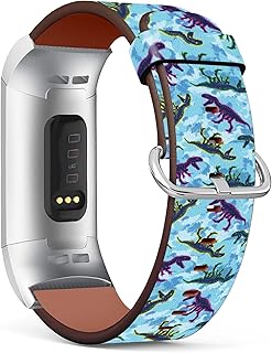 MINGDAO Compatible with Fitbit Charge 4 / Charge 3 / Charge 3 SE Patterned Leather Replacement Band , Dinosaur Skeleton and Tie Dye Background