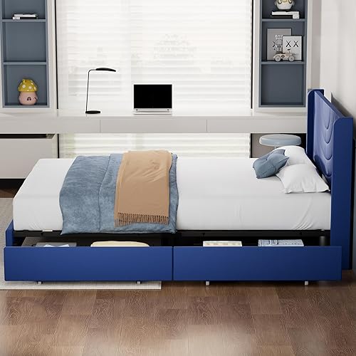 Miniatura 17 de VECELO Base de cama tamaño matrimonial tapizada con cabecera de tela, soporte de listones de madera, no necesita somier, base de colchón, color