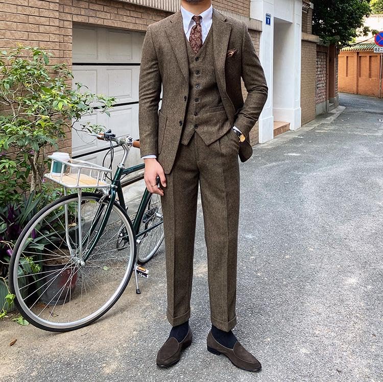 3 Piece Suit Tweed Herringbone Men's Suits Slim Fit Groom Tuxedos Set Prom Jacket Blazer Vest Pants 7