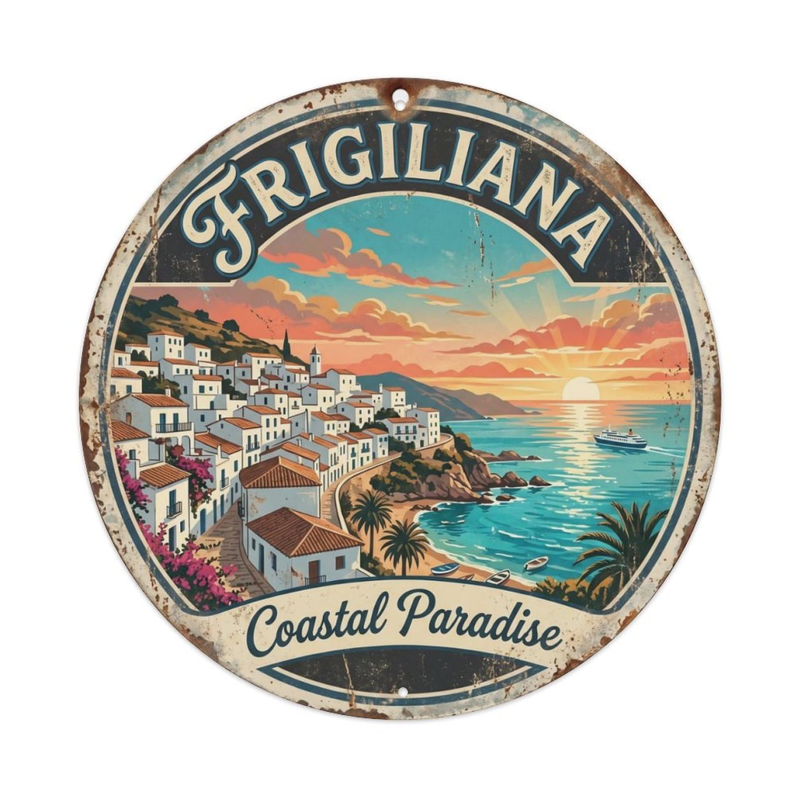 Vintage Travel Coastal Spain Seascape Metal Tin Sign Plaque Wall Decor for Cafe, Club, Garden Round Metal Poster 8x8Inch