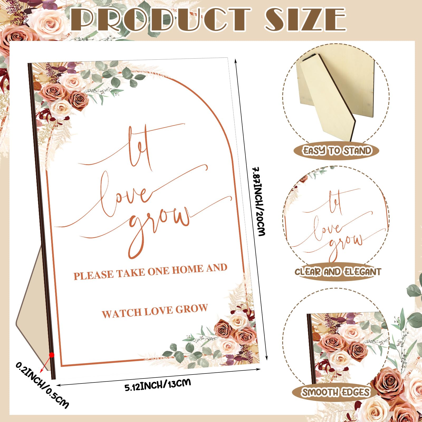 Ireer 301 Hochzeitsgeschenk-Set beinhaltet 1 Holzschild mit Aufschrift "Let Love Grow", 100 selbstklebende Samenpakete, Kraftpapier, Samenumschläge, 100 Dankeskarten, 100 Organza-Geschenktüten (Boho)
