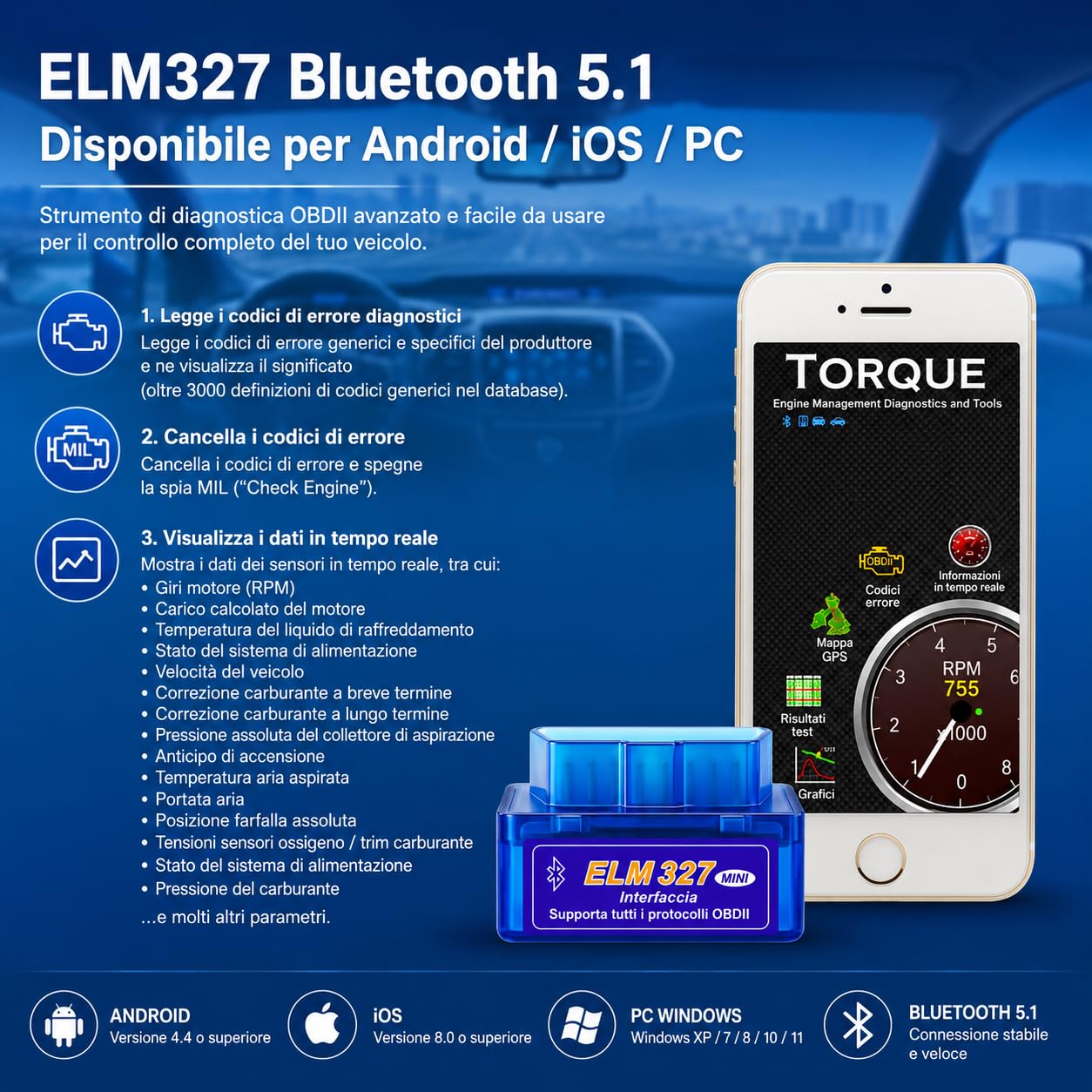 Mini ELM327 Diagnostica Auto Bluetooth 2.0 - Facile Connessione Smartphone, Supporto OBD2, Compatibile con Veicoli a Benzina dal 1996. Test Diagnostico Efficace e Veloce compatibile IOS Android