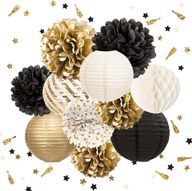 NICROHOME Black and Gold Party Decorations, 12PCS Hanging Tissue Paper Pom Poms Paper Lanterns Confetti for New Years Eve Decorations 2024, Graduation, Birthday, Baby Shower, Anniversary