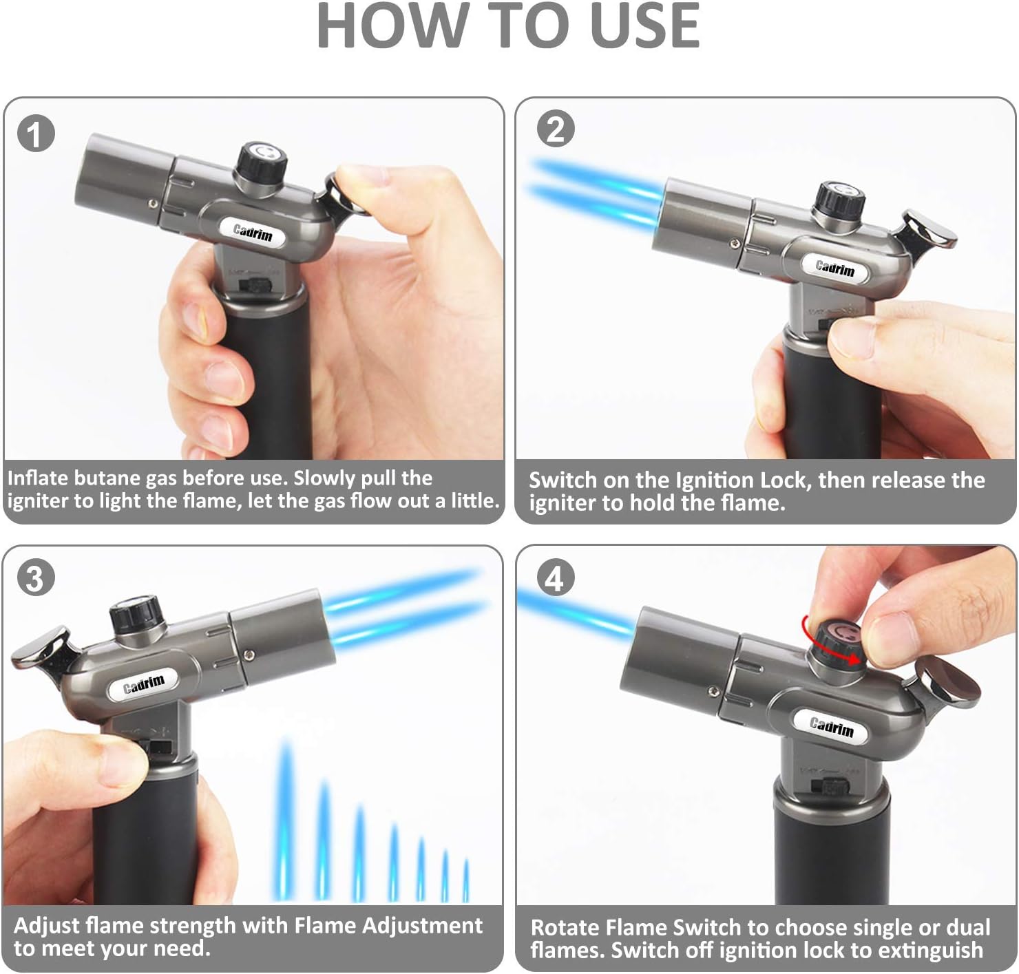 Four-step diagram illustrating how to use the Cadrim Butane Torch, including inflation, ignition, flame adjustment, and single/dual flame selection.