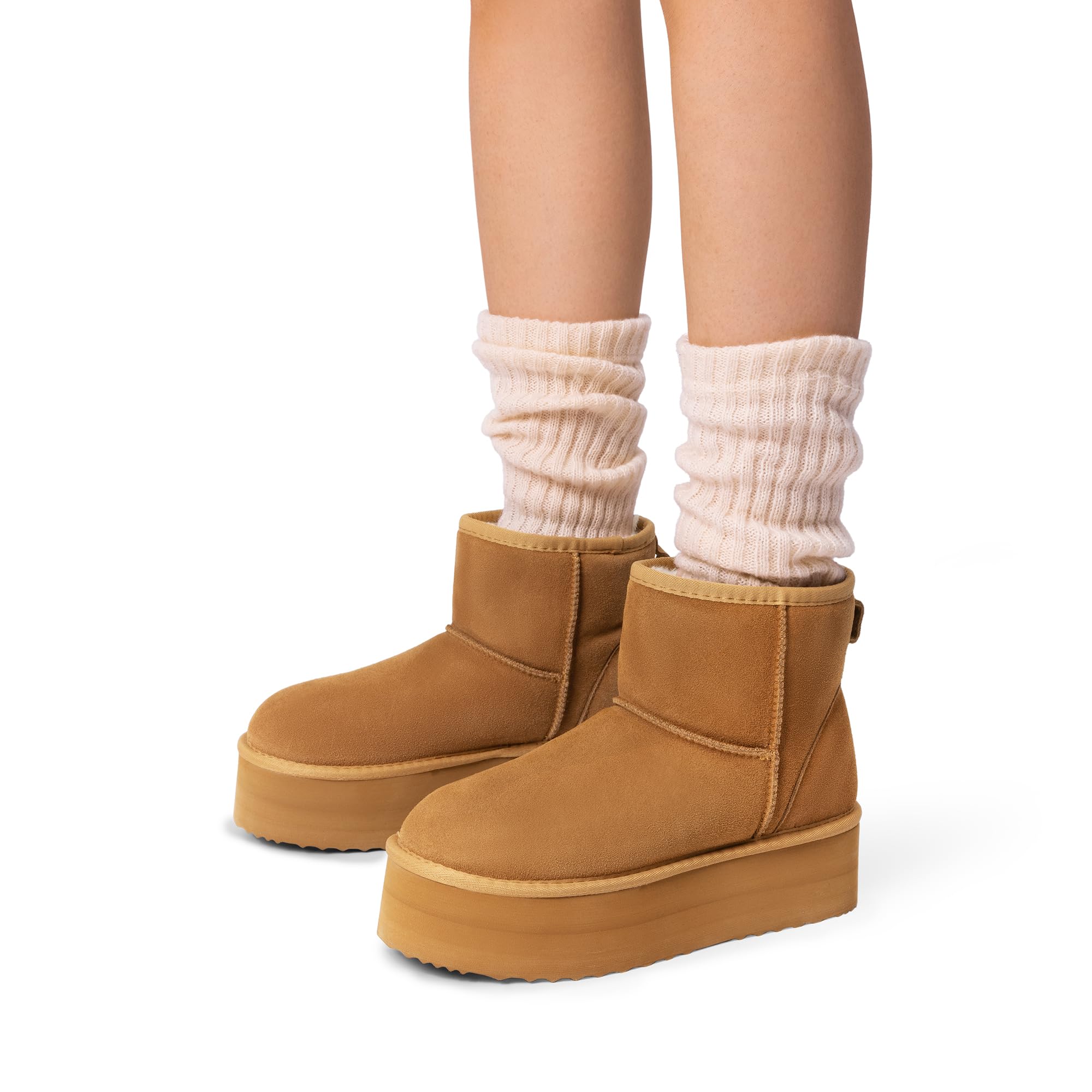 DREAM PAIRS Botas Clásicas de Plataforma de Ante Genuino para Mujeres Impermeables Fuzzy Botas de Invierno de Tobillo para Nieve con Lazos Forro de Piel Sintética