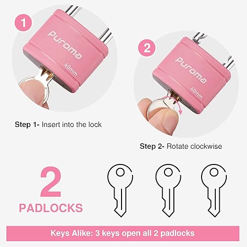 Miniatura 3 de Puroma Paquete de 2 candados con llave con 3 llaves iguales, cerradura de casillero de 1.1 pulgadas, cerraduras de alta resistencia para puerta,