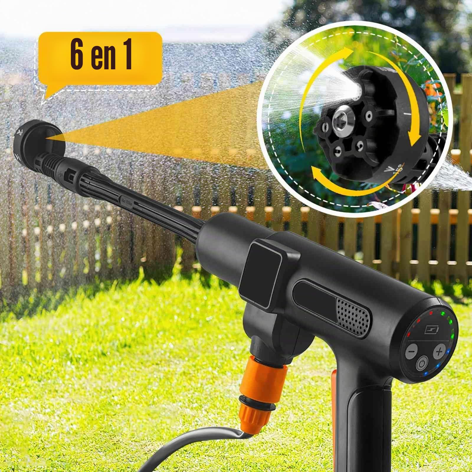 Limpiador de alta presión a batería, Max 200 bar con 15000 mah baterías, pulverizador de espuma, 6 en 1 multiuso boquilla y 180 ° boquilla giratoria para limpieza y riego