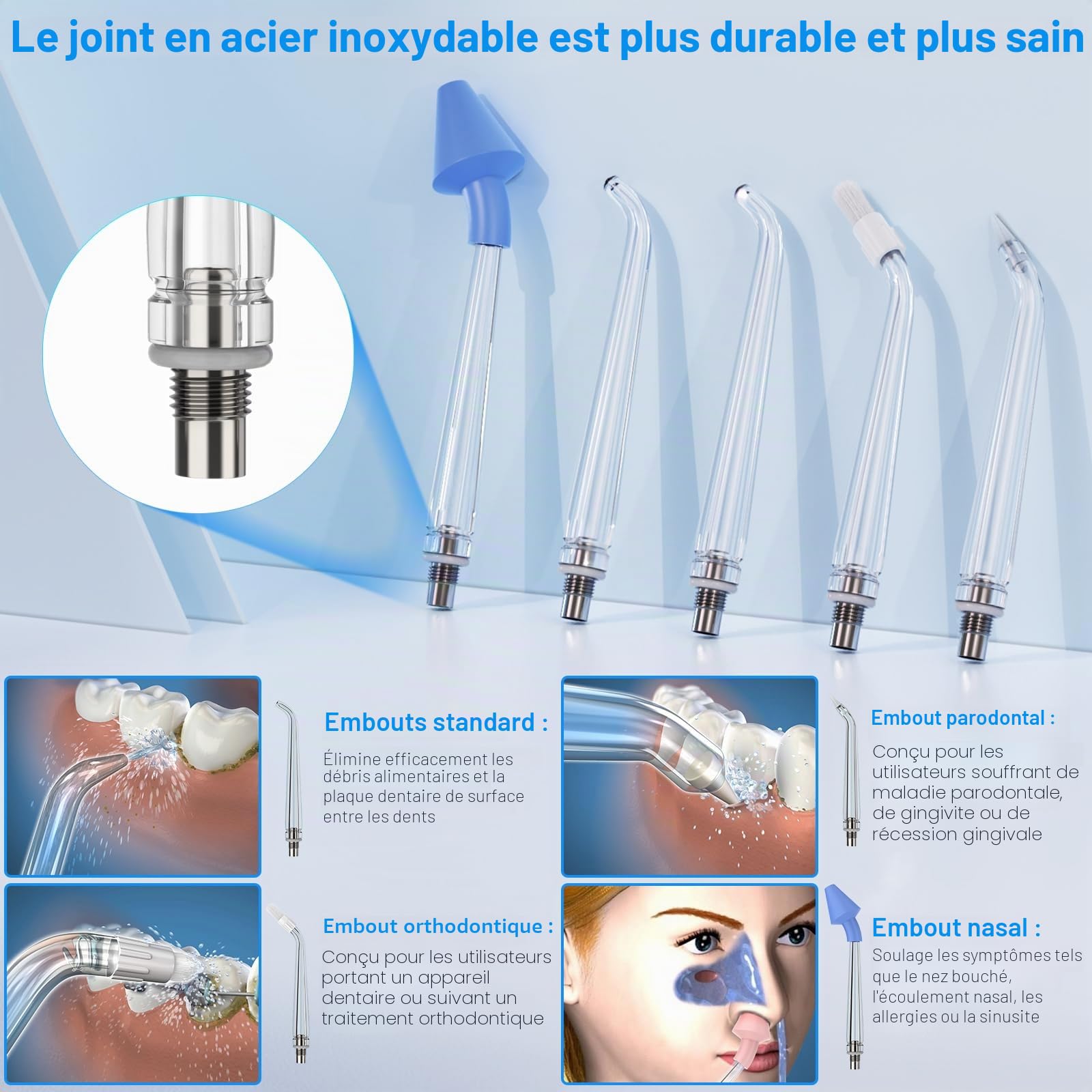 Hydropulseur Sans Fil, Mini Irrigateur Buccal Portable avec Boîte de Rangement, 4 Modes et 5 Buses, Fil Dentaire Électrique, Étanchéité IPX7, Adapté pour la Maison et les Voyages (Bleu/Blanc)