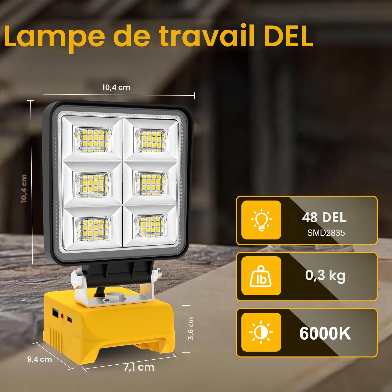 NATPOW Lampe de Chantier Compatible avec Dewalt 18V, Lot de 2 5200LM Projecteur, 2 Modes 6000K Lumière Portable avec Type C et USB pour Chantier, Garage, Camping, Pêche, Sans Batterie