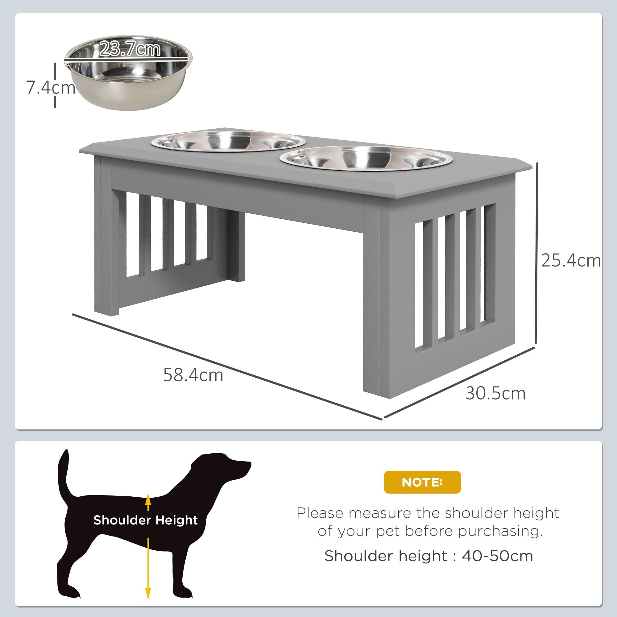 PawHut Cuencos elevados de acero inoxidable para perros con soporte para perros extra pequeños y pequeños, cuencos elevados para mascotas, alimentador de agua y alimentos, 58 x 31 x 25 cm, color gris