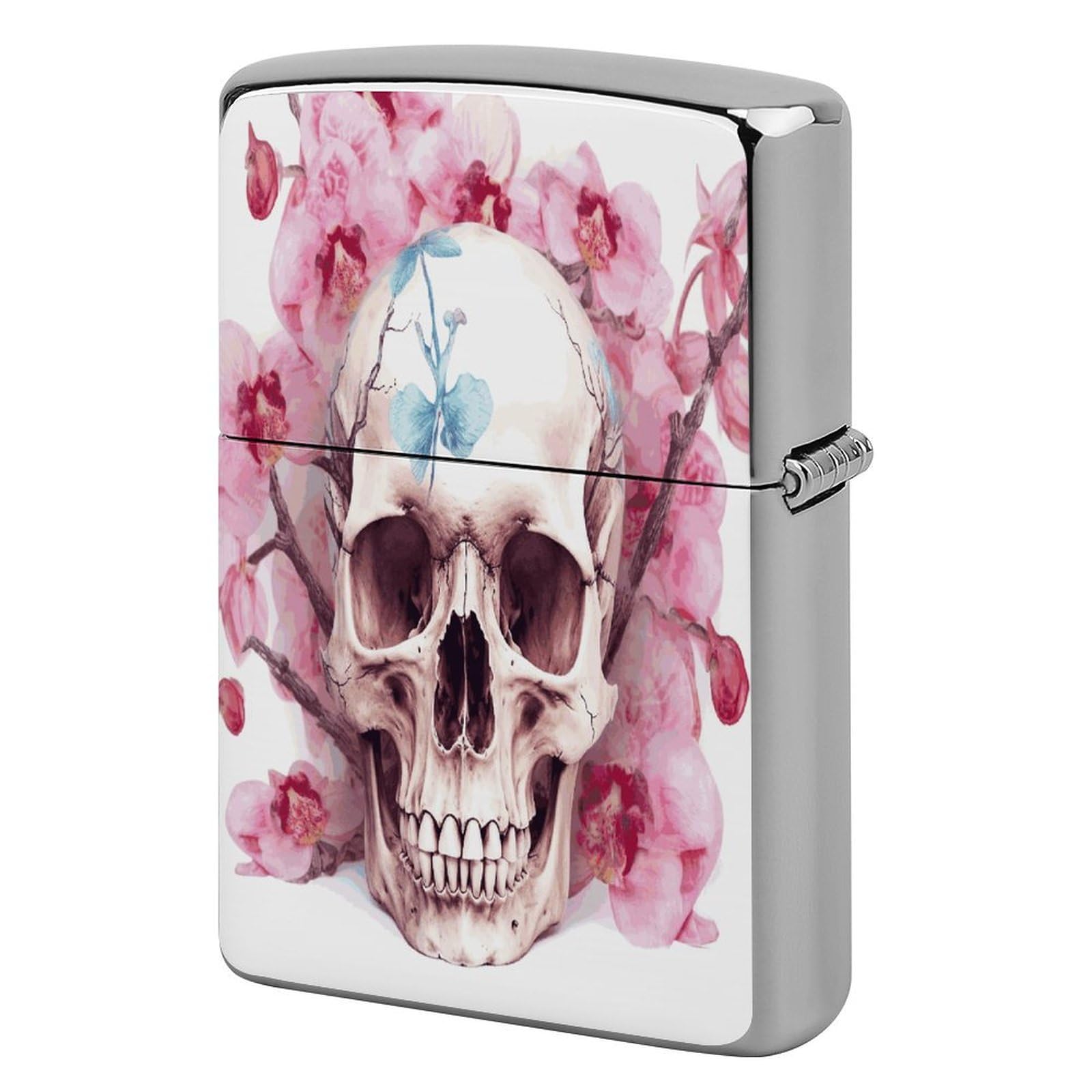 Btcowzrv Style Human Skull Pink Flowers Metal Lighter Case Sleeve Cover Holder