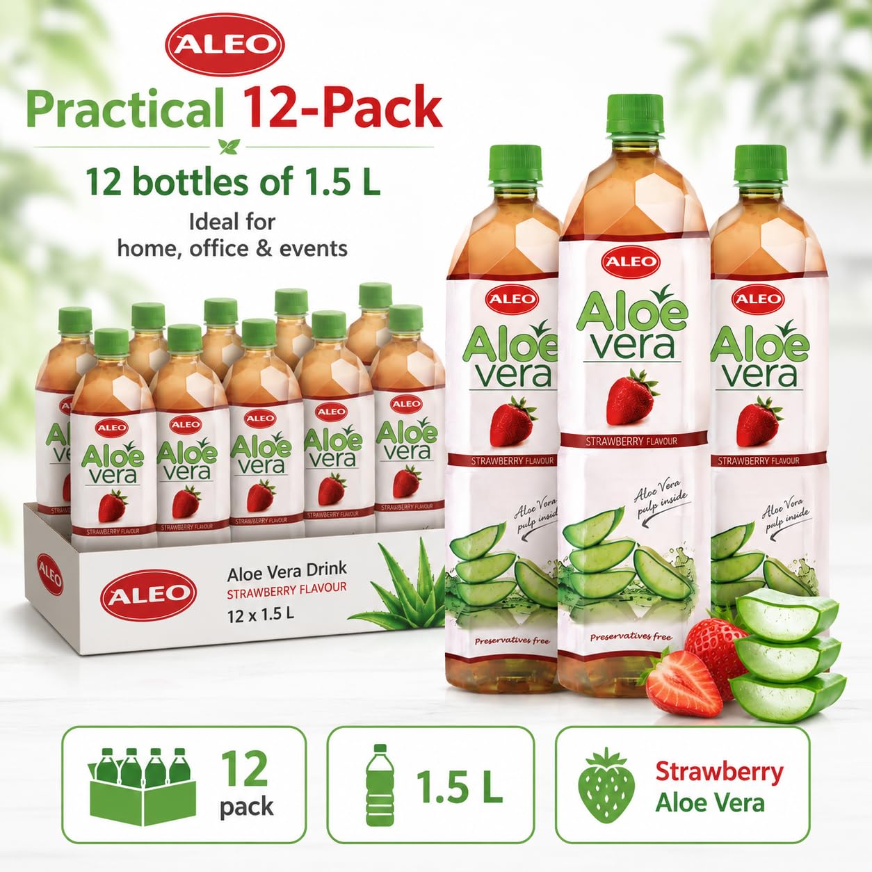 ALEO 1.5L Strawberry Aloe Vera Drink - Natural, No Preservatives, No Artificial Colors Superior Taste Award 2025