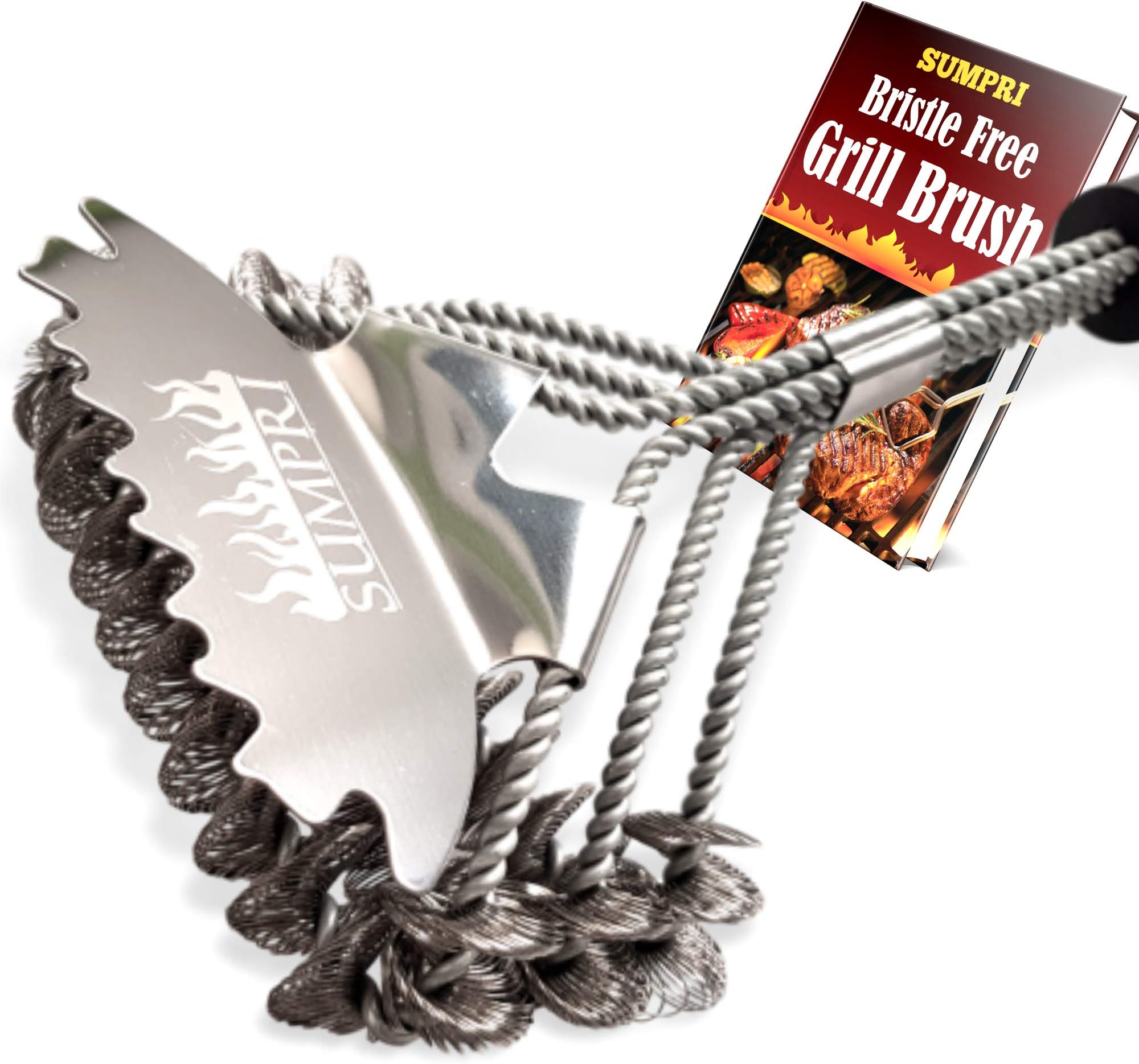 Grill Brush Bristle Free & Scraper -Best Safe BBQ Cleaning Brush, with Extra Wide 3D Scraper -Makes Grill Cleaning Easy -18 Inch Stainless Steel, Barbecue Cleaner for All Grill Types