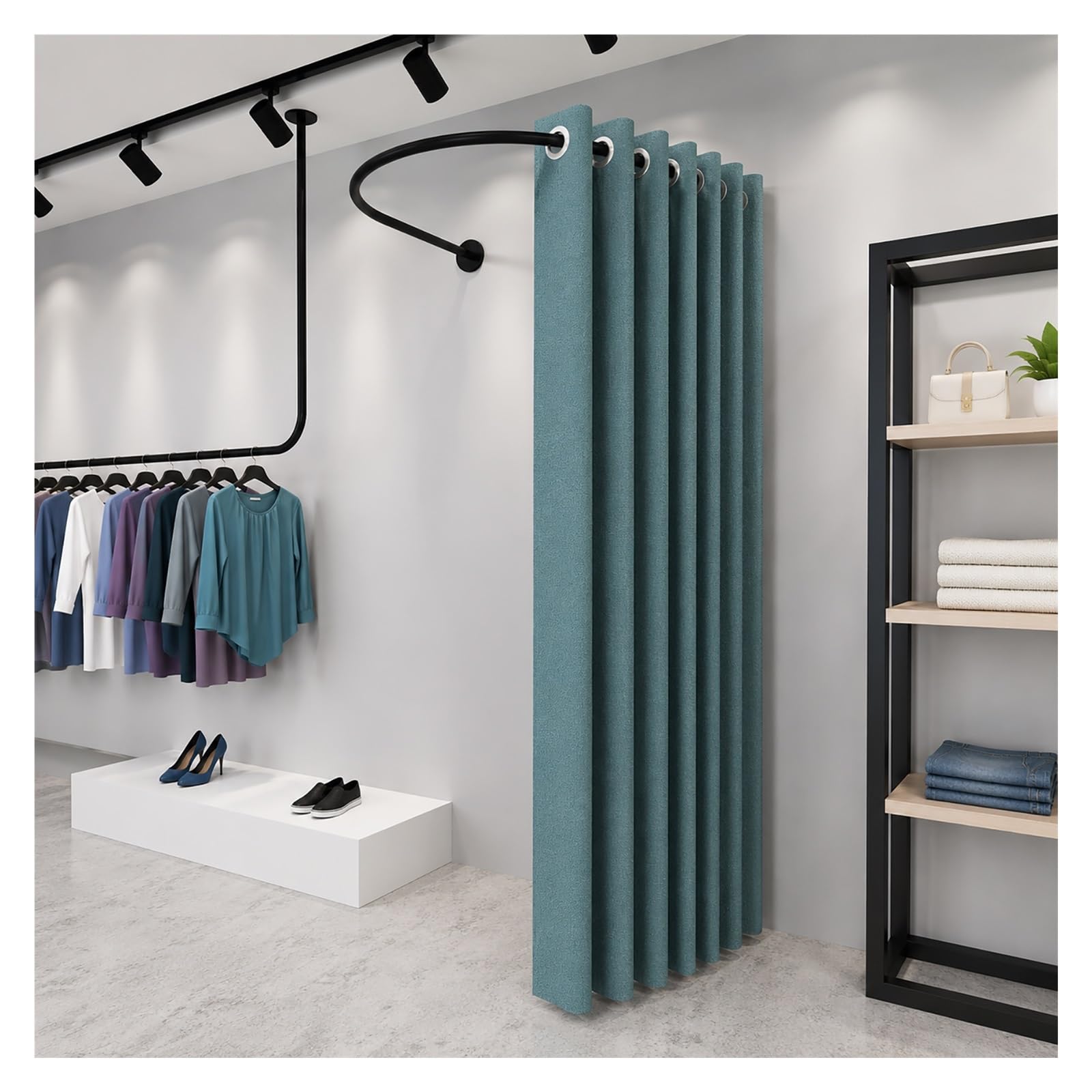 ZJKXJH U Shaped Fitting Room Curtain, Wall Mounted Changing Area Curtain for Bedroom/Mall/Office, Corner Privacy Partition Drapes for Privacy Protection(With Blue Curtains,110cm/43.3in)
