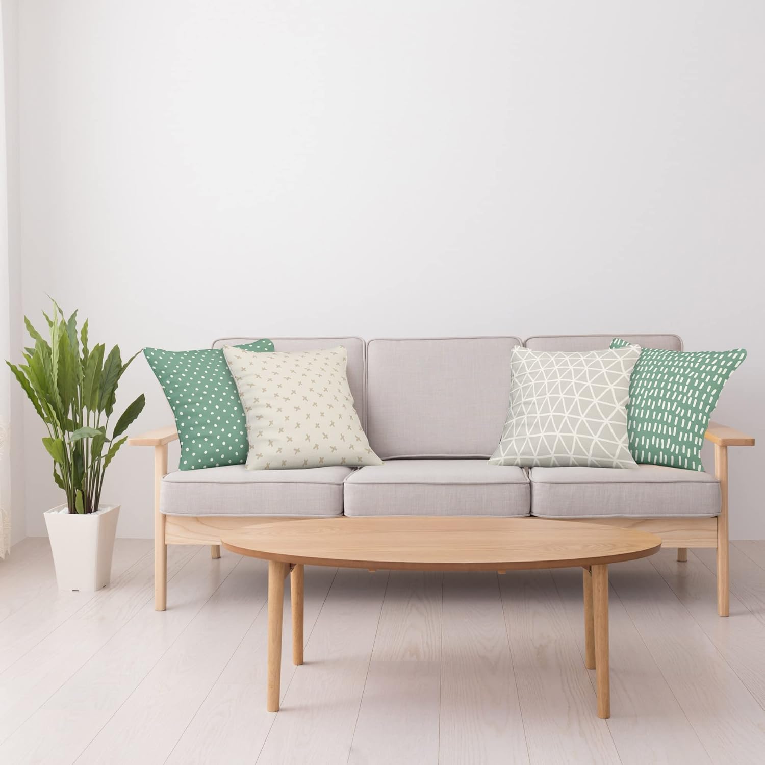 Ambesonne Modern Throw Pillow Cushion Case Pack of 4, Polka Dots Hand Drawn Plus Signs Triangles Mesh Minimalist Neutral Design, Modern Accent Double-Sided Printing, 20" x 12", Jade Green Pale Tan
