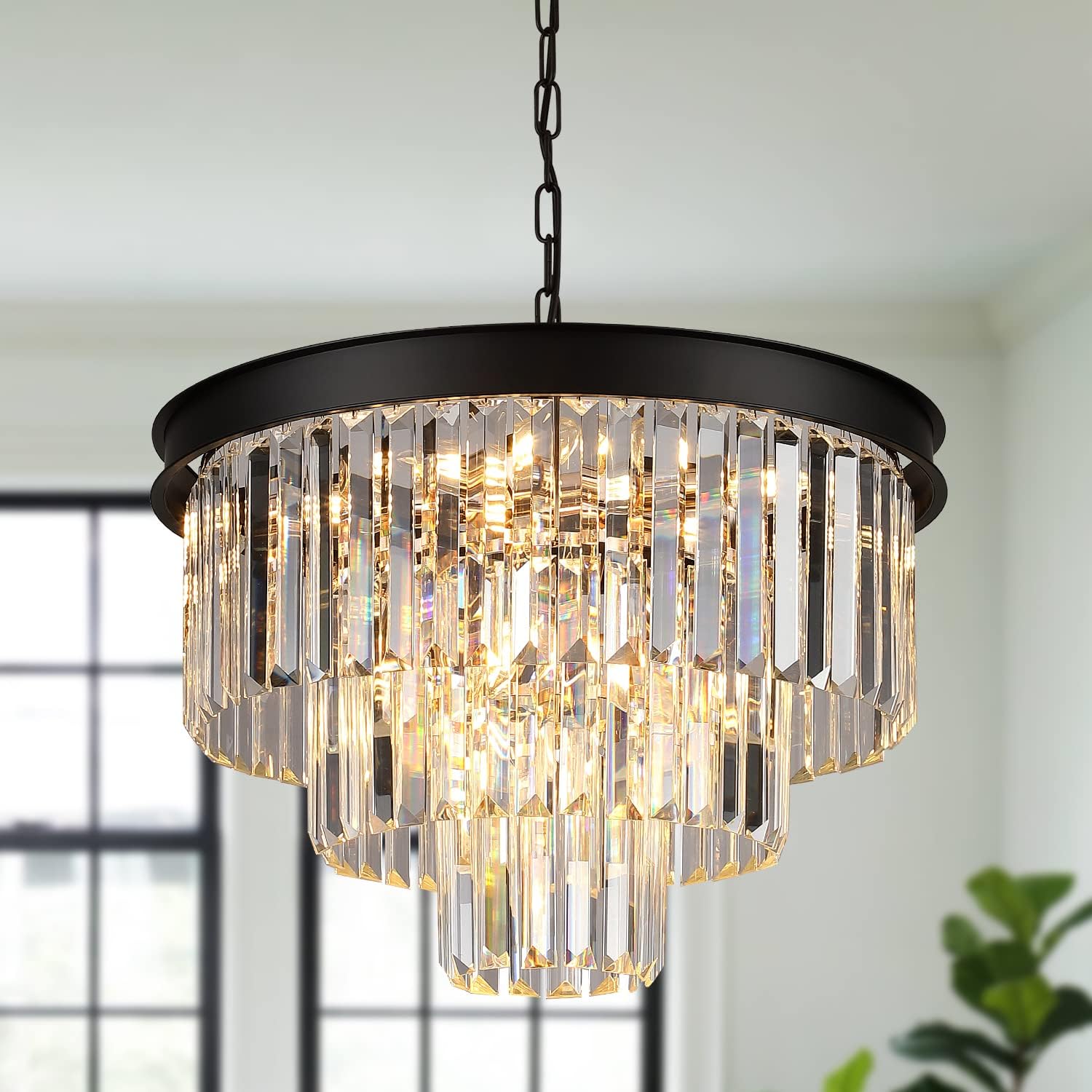 Black Crystal Chandeliers Modern Round Chandeliers 20" Dimmable 9 Lights Ceiling Pendant Light Fixtures 3 Tiers Luxury Raindrop for Living Room Dining Room Bedroom Foyer Black 20 inches