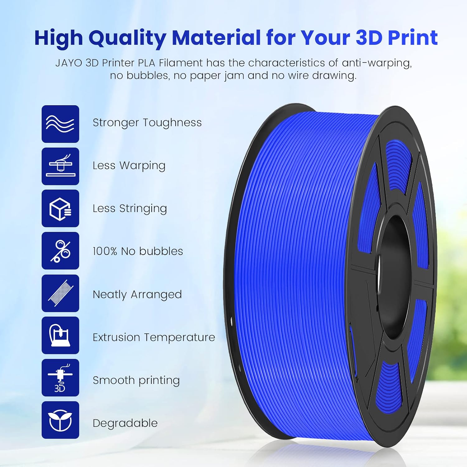 JAYO 3D Printer PLA Filament, 1.75mm PLA Filament Dimensional Accuracy +/- 0.02mm, 1KG Spool 3D Printing Material fit for FDM Printers, PLA Blue