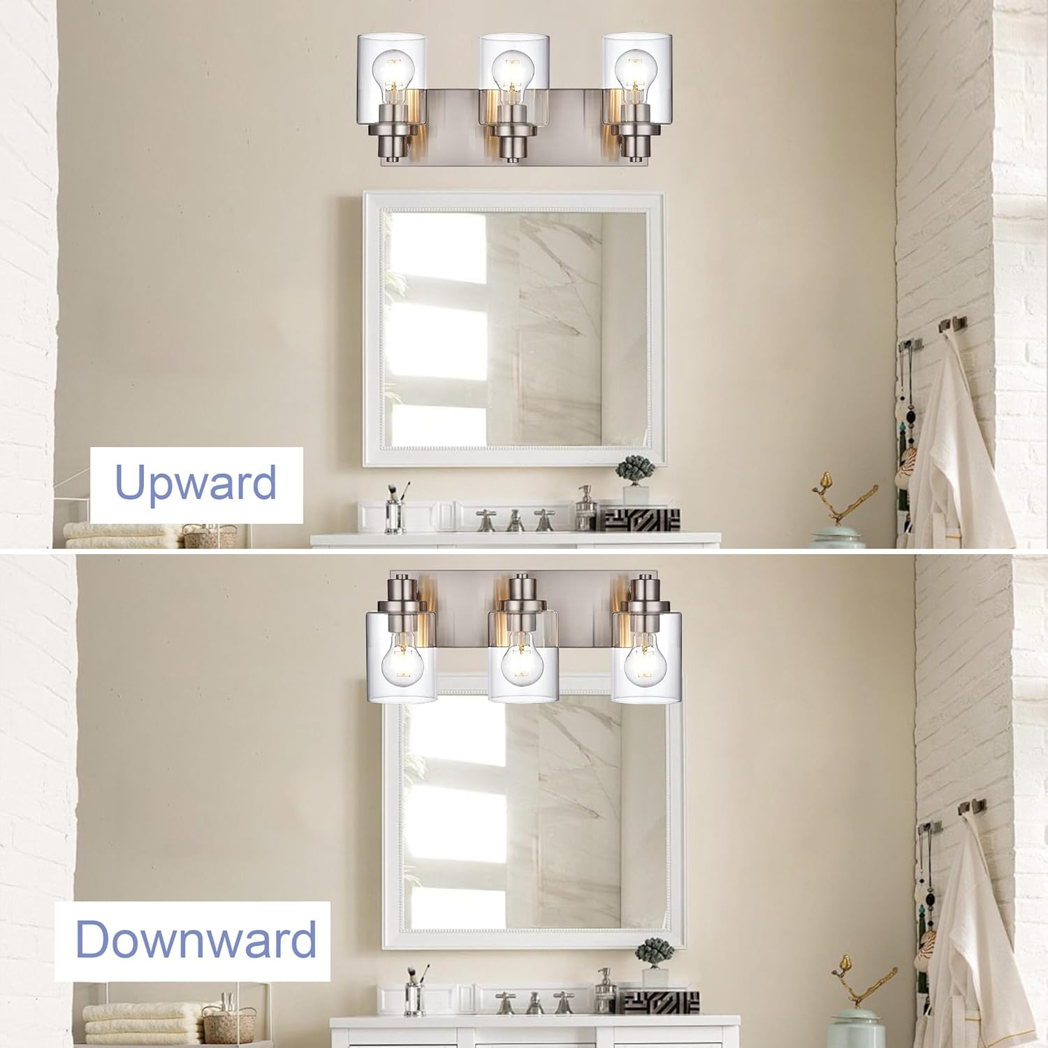 3 Light Bathroom Vanity Light Brushed Nickel Bathroom Lighting Fixtures Over Mirror with Clear Glass Shade, Modern Farmhouse Wall Sconces Vanity Lights for Bedroom Living Room
