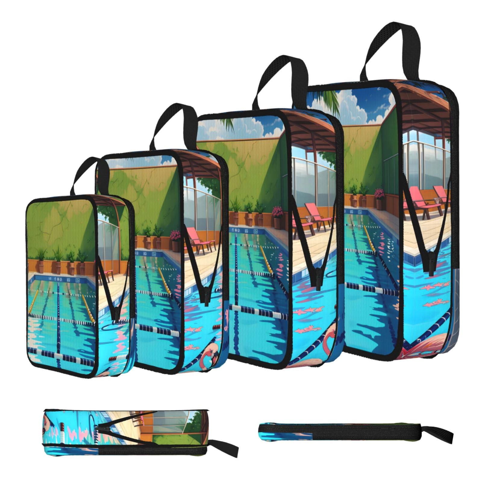 Sxzvvbn Black Flamingo And Swimming Pool Compression Packing Cubes 4 Piece Set