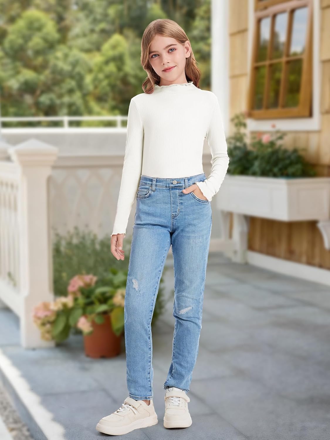 ガールズ 長袖シャツ カジュアル モックネック レタストリム リブ編み スリムフィット トップス Tシャツ キュート セーター