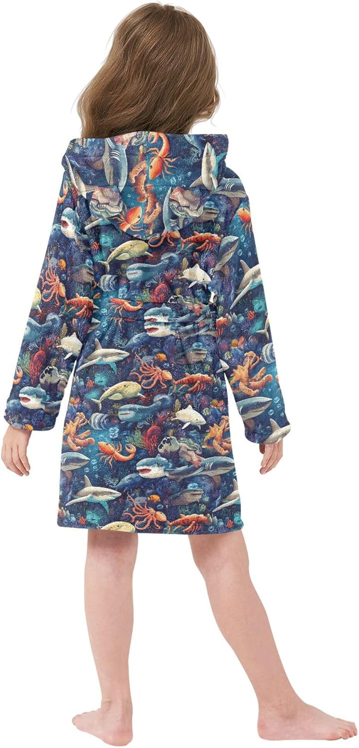 Ocean Sharks Turtles Octopi Lobsters Bathrobe Hooded PJ Robe Soft Fleece Robe Pajama Sleepwear 2-12 Years