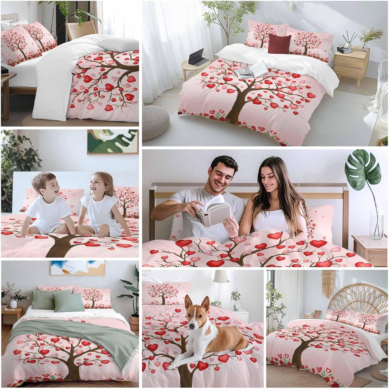 Valentine's Day Duvet Cover Set California King Size Love Heart Tree Comforter Sets 3 Pieces, Red Rose Flower Romantic Pink Bedding Set with Zipper Closure and 2 Pillow Cases, Soft Bed Covers Bedroom