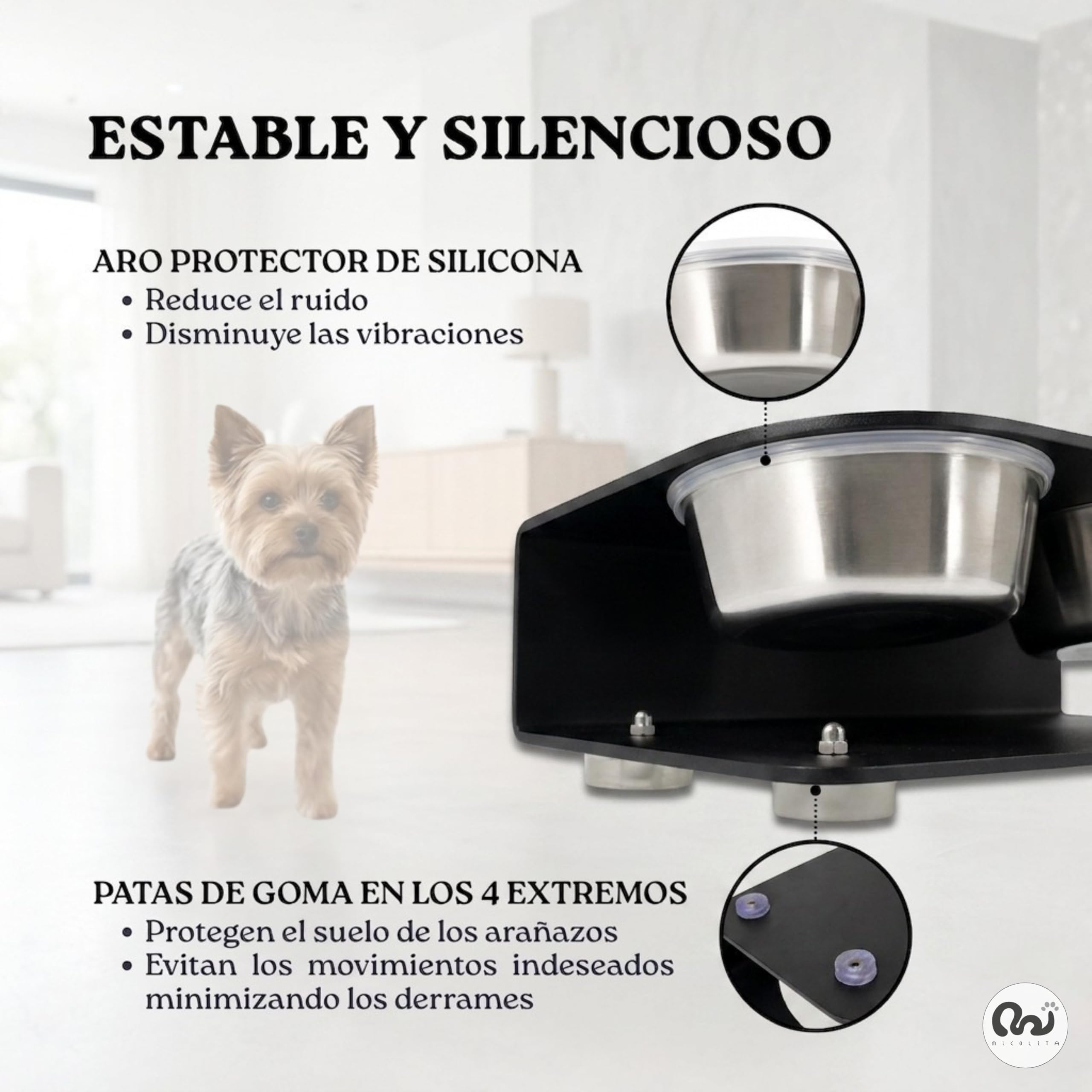 Comedero Perro Elevado para Perros Pequeños, Comedero Gato Elevado Antideslizante y Antibacteriano, Cuencos de Acero Inoxidable, Diseñado y Fabricado en España (Negro, S)