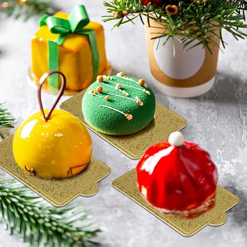 Miniatura 2 de Lainrrew Mini tablas para tartas, 200 unidades, triangulares, doradas, cartón, estampado floral, aptas para alimentos, a prueba de grasa, resistente