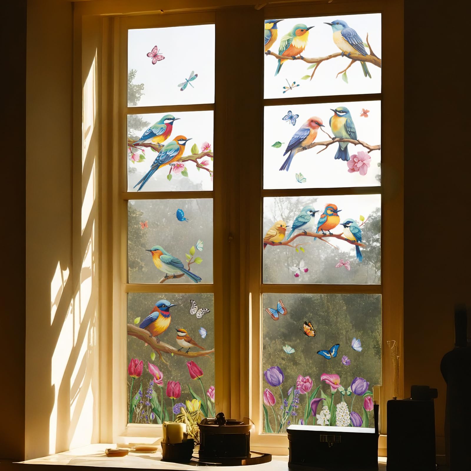 KAHSHEEN Summer Window Clings for Glass Window - Birds Floral Spring Window Stickers, Static Butterfly Hummingbird Tulip Flower Window Decal for Home