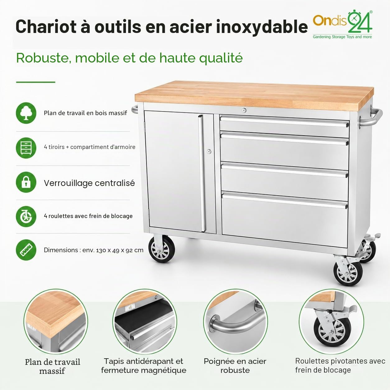 Ondis24 Chariot d'atelier en acier inoxydable avec 4 tiroirs à roulement facile et plan de travail en bois massif XL - Roulettes pivotantes - Gris - 130 x 49 x 92 cm