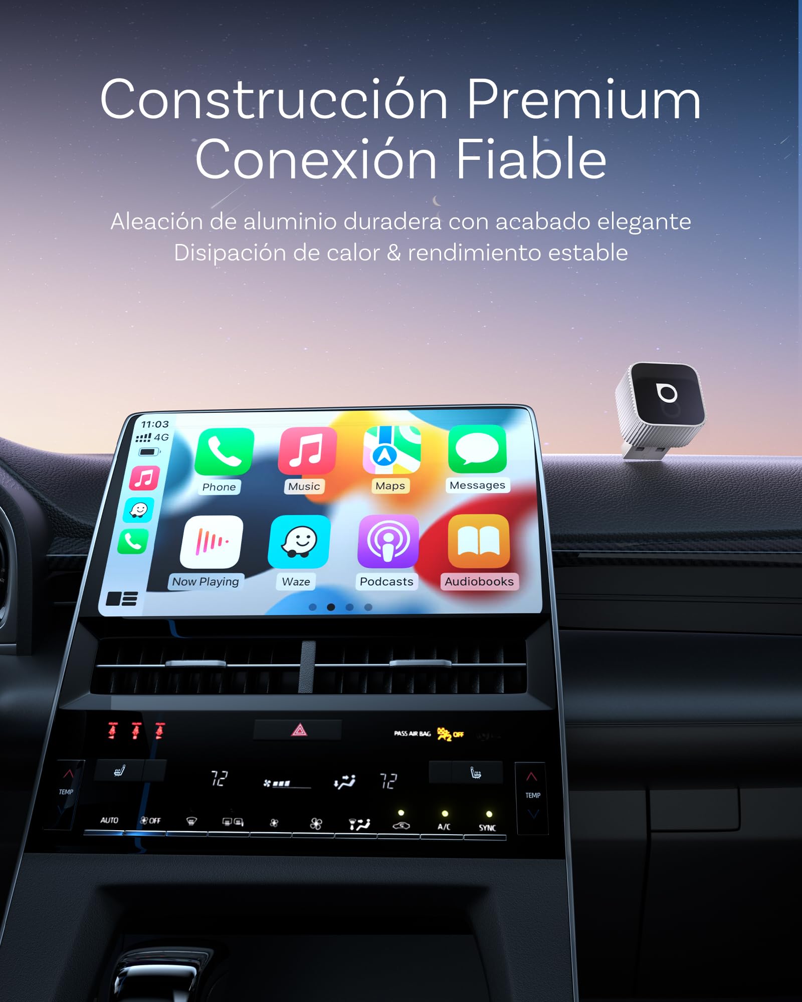 OTTOCAST Mini 3.0 Slim 2026 Upgrade Adaptador Wireless CarPlay & Android Auto, 2-en-1 Dongle, Convierte de Cable a inalámbrico, Baja latencia, Conexión rápida automática, Plata