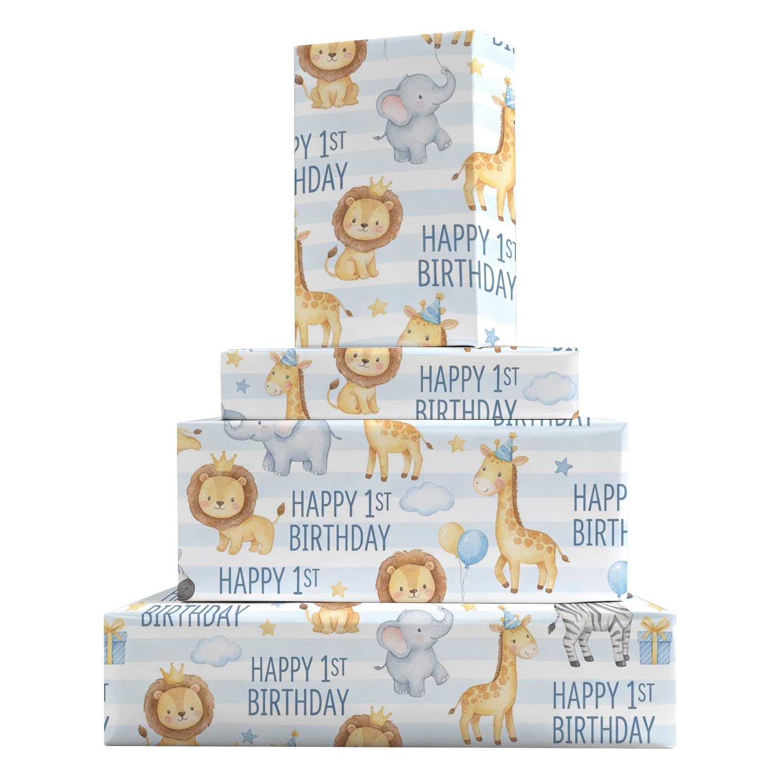GleeWrap 1st Birthday Wrapping Paper, Safari Animal Gift Wrap with Lion, Elephant, Giraffe and Zebra Designs for Baby Boys, First Birthday Party Gifts, 4 Sheets, 70 x 50 cm