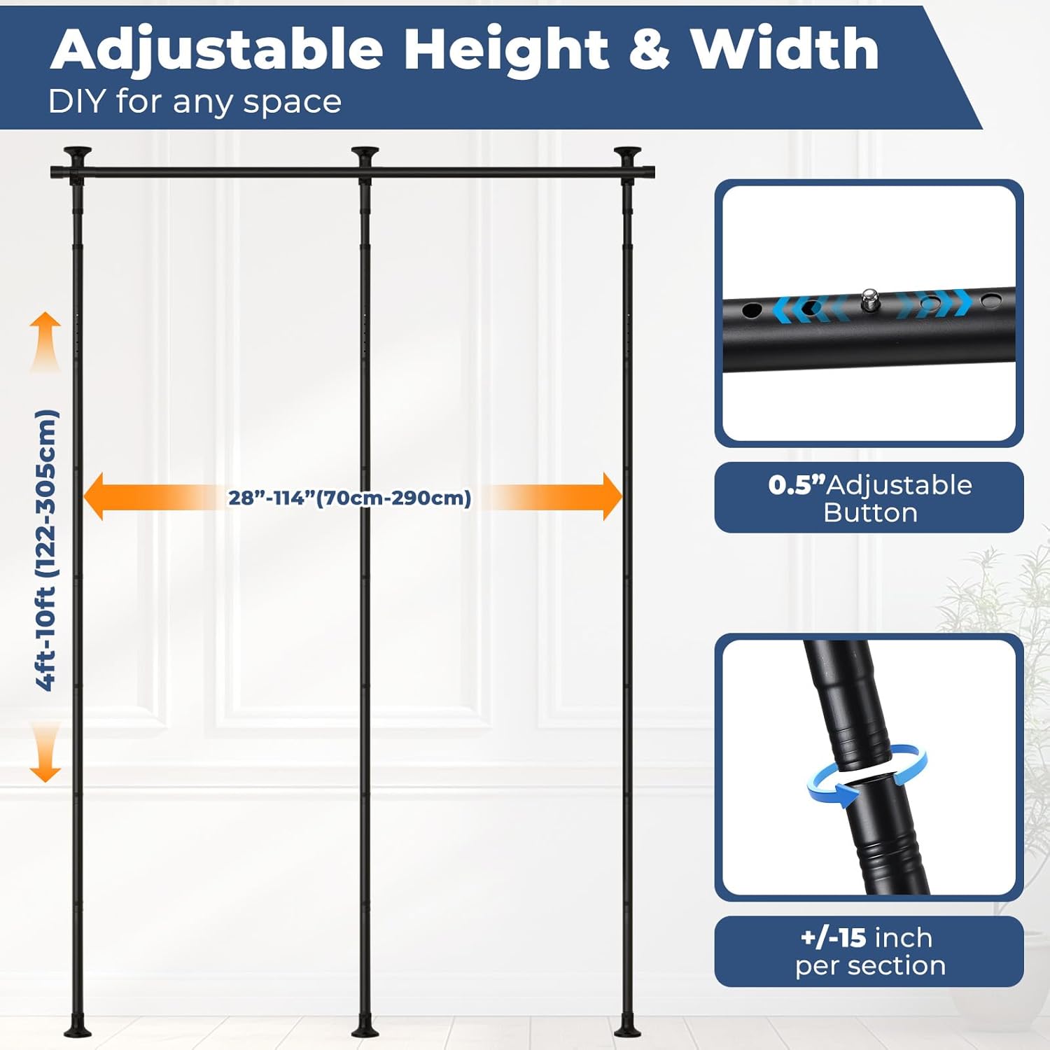 Drill-Free Room Divider Curtain Rod - Adjustable 4-10ft (H) 28-114inch(W) Inch No Damage Tension Pole, Heavy Duty 1" Rustproof Metal Curtain Rods for Privacy & Home Office, Black