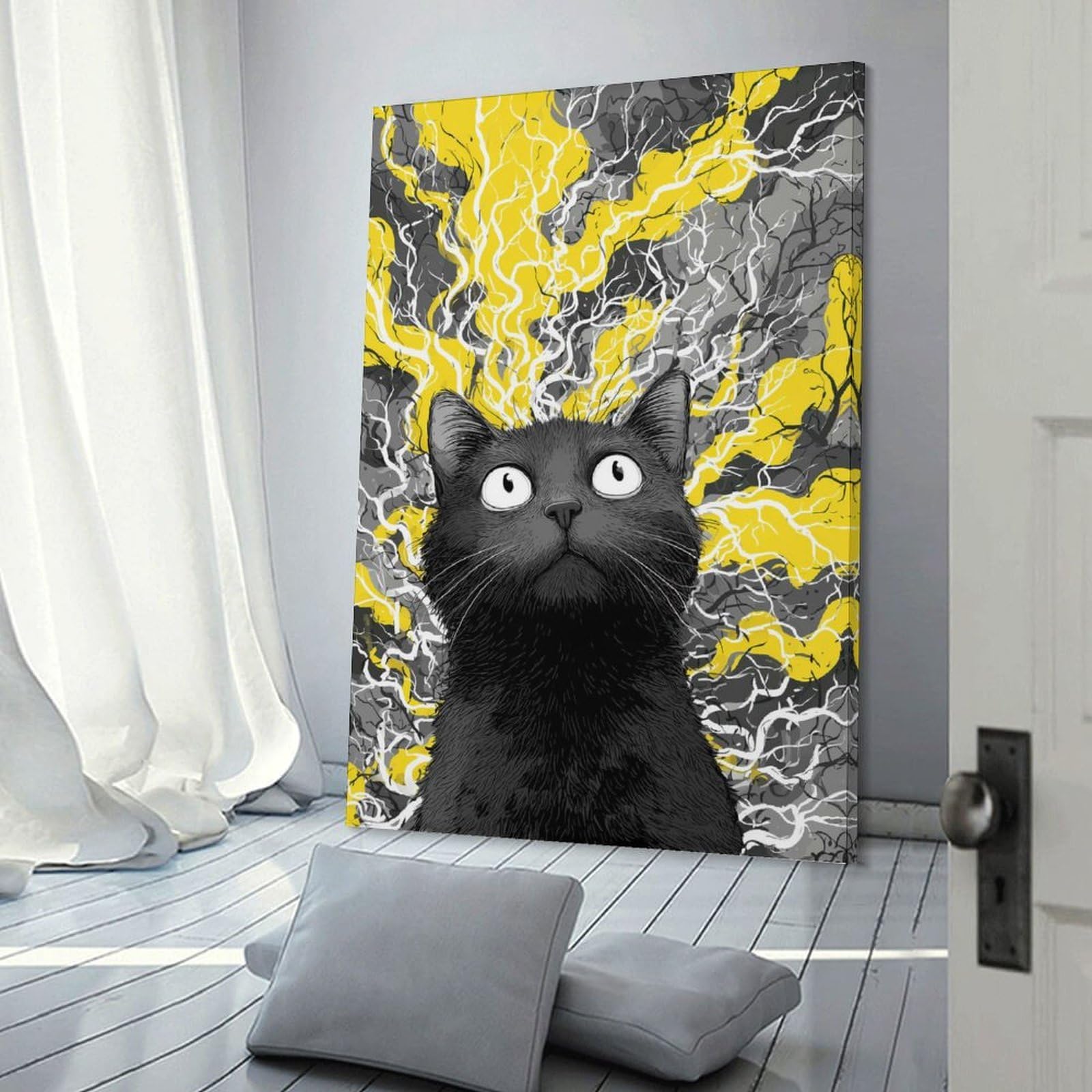 Junmoney Surprised Black Cat with Abstract Background Wall Art Print, 12x18inch(30x45cm), for Study, Office Or Focused Interiors, Home Office Artwork with Decorative Appeal