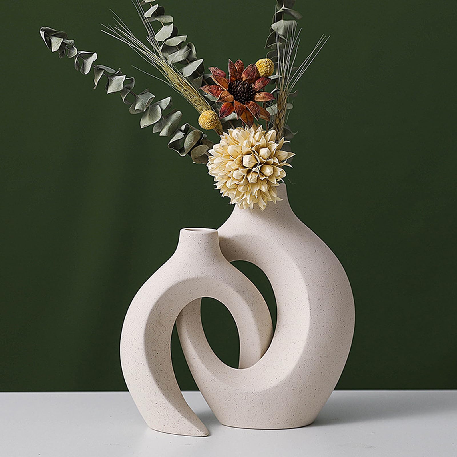 Vase Mit Loch Weiss Boho Ideal, 2er Set Keramik Vase Weiß Matt, Keramik Vase Für Pampasgras, Zur Aufbewahrung von Trockenblumen für die Heimdekoration