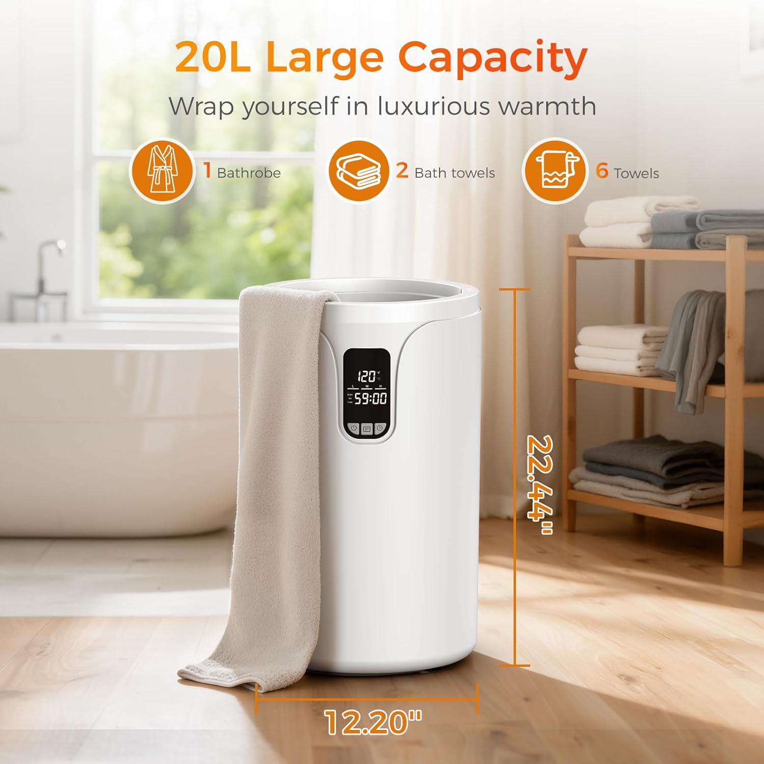 COWSAR Towel Warmers for Bathroom with 24 Timer, 20L Hot Towel Warmer Bucket, LED Display, Temperature Asjustable, Auto Shut Off, Fits Up to Oversized Towels, Bathrobes, Blankets (White+LED Display)