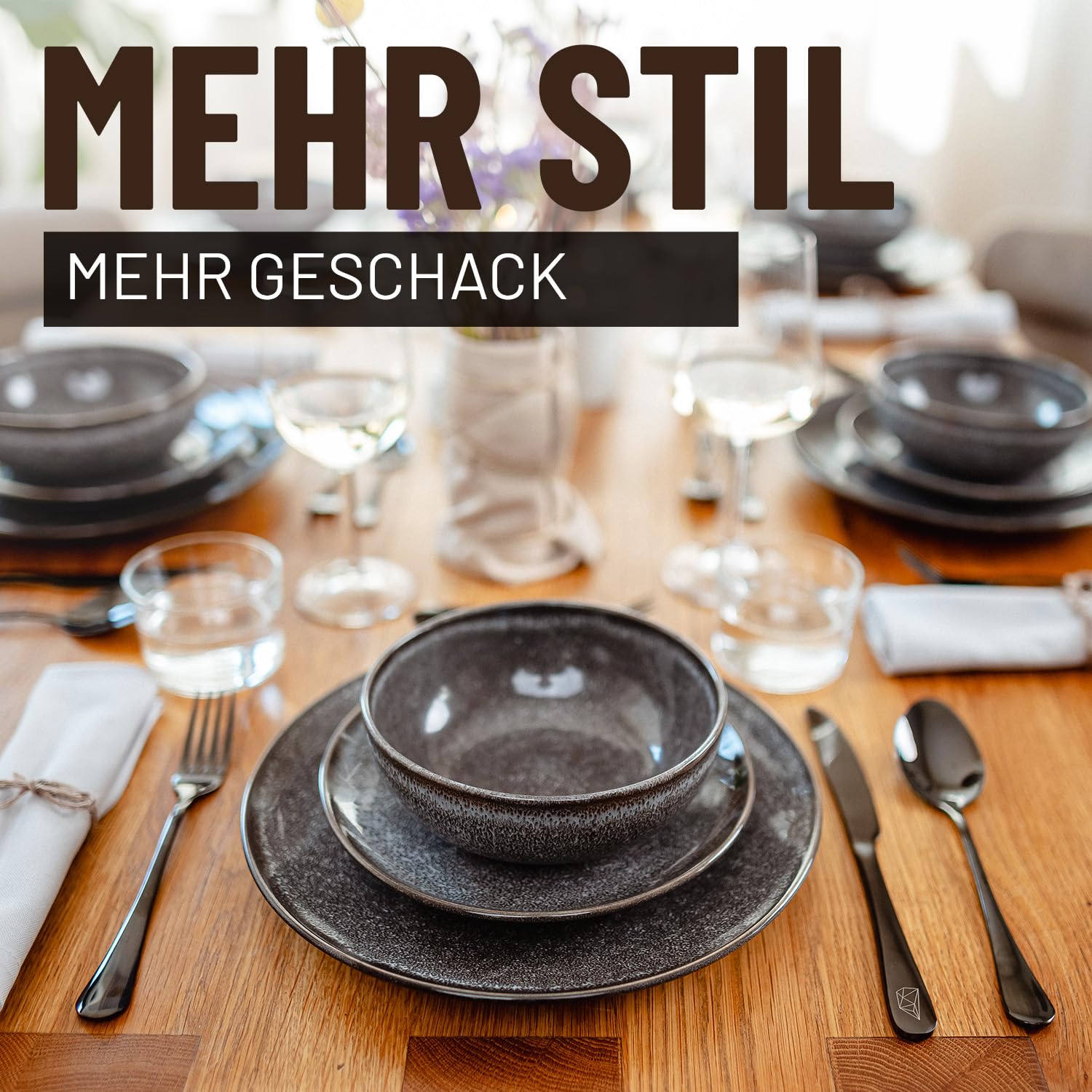 Glavory Eclipse *NEU* – Steingut Geschirr Set 6 Personen – 18-teilig – Service & Geschirrsets in Schwarz – Tafelservice mit Geschenkverpackung