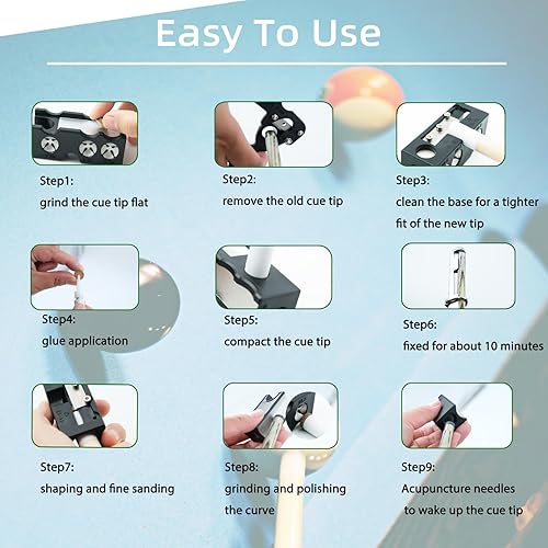 Miniatura 6 de Kit de repuesto de 38 puntas de taco de billar, kit de repuesto de puntas de palo de billar, herramientas moldeadoras de puntas de taco de billar,