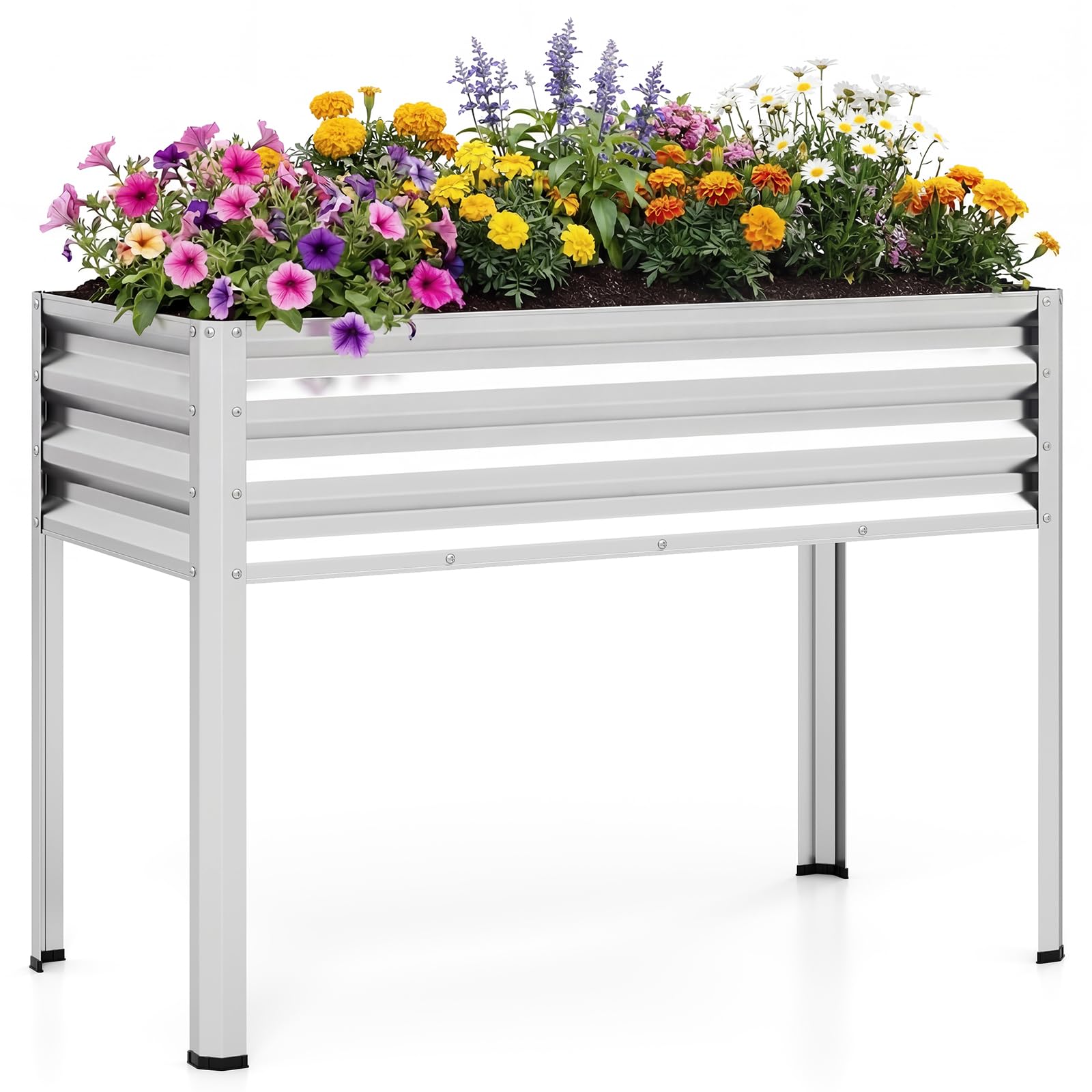 HOMASIS 142L Fioriera Rialzata da Giardino, Orto da Esterno in Metallo con Fori di Drenaggio, Altezza Ergonomica, Piedini Antiscivolo, Letto per Verdure, Fiori e Frutta, 112 x 55 x 81 cm (1, Argento)